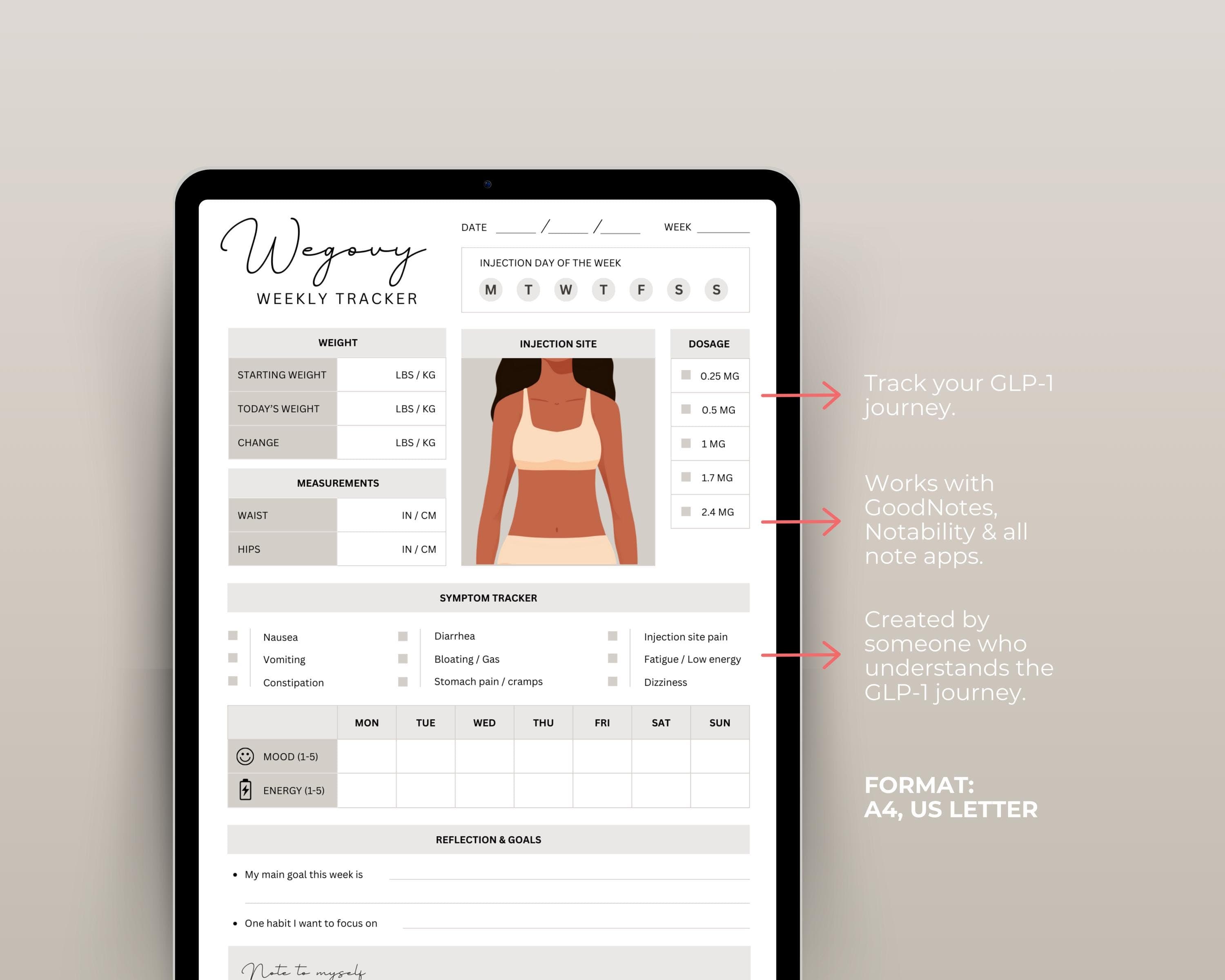 GLP-1 Weight Loss Tracker | Injection & Side Effects Journal (Digital Download)