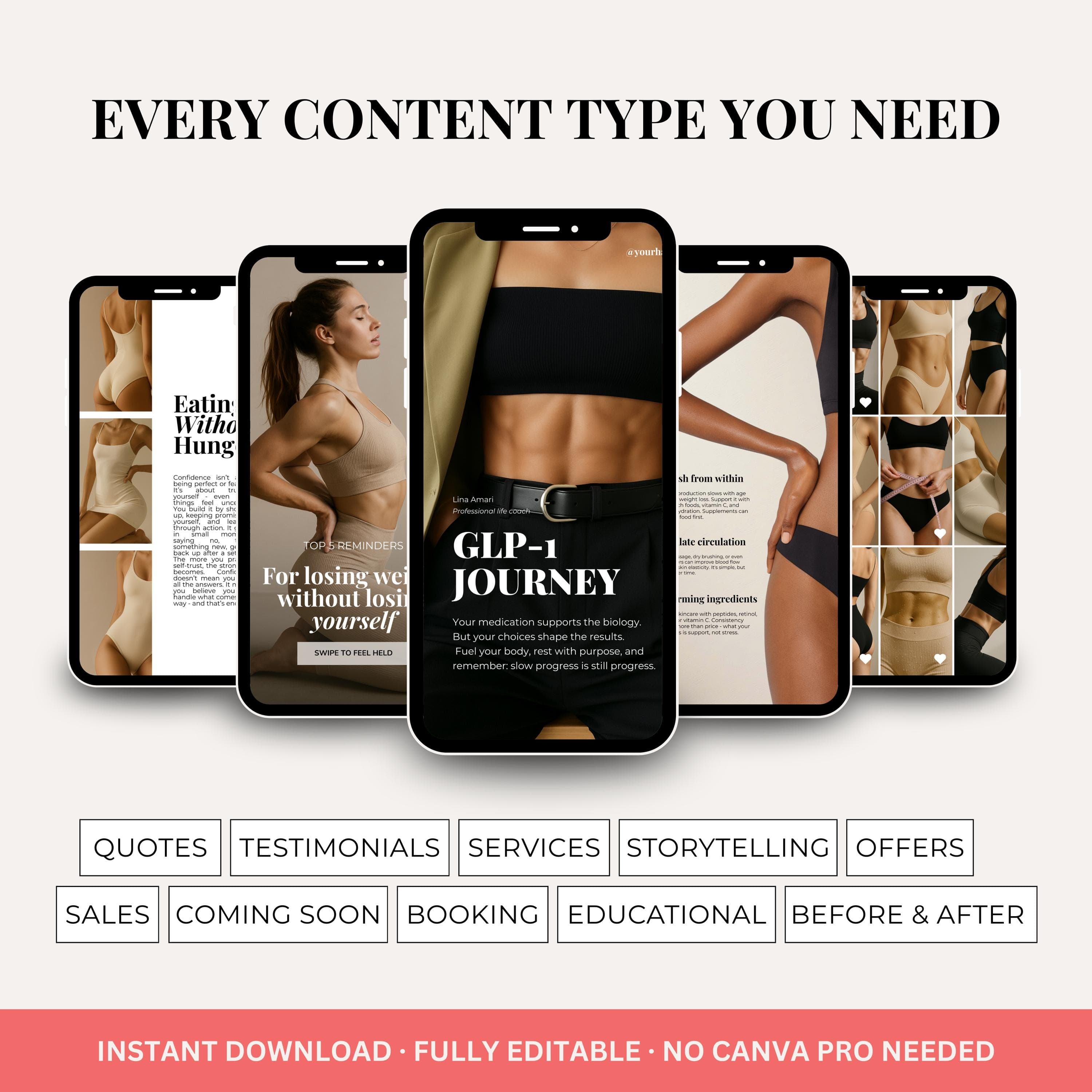 GLP-1 Weight Loss Instagram Templates, Social Media Stories (Canva)