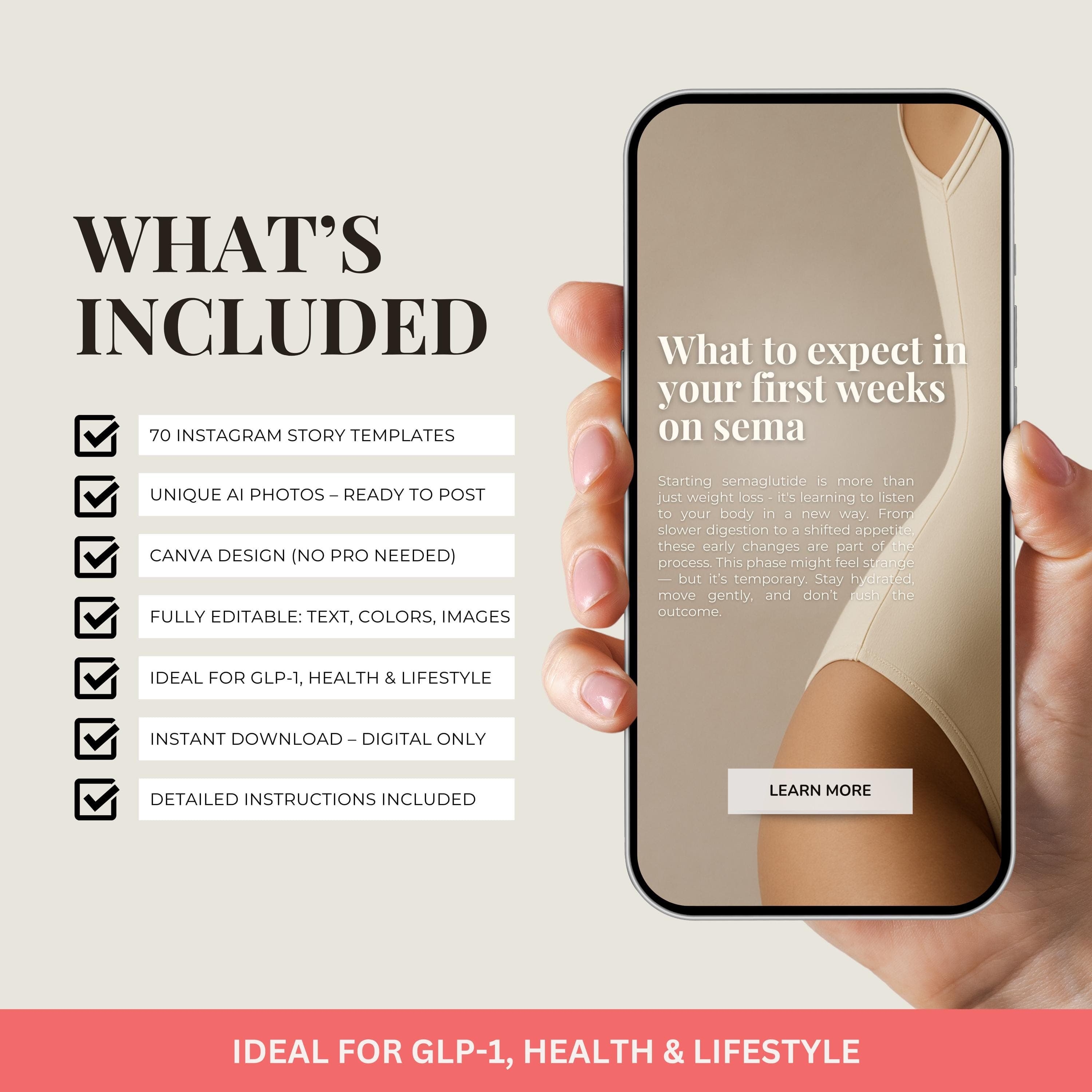 GLP-1 Weight Loss Instagram Templates, Social Media Stories (Canva)