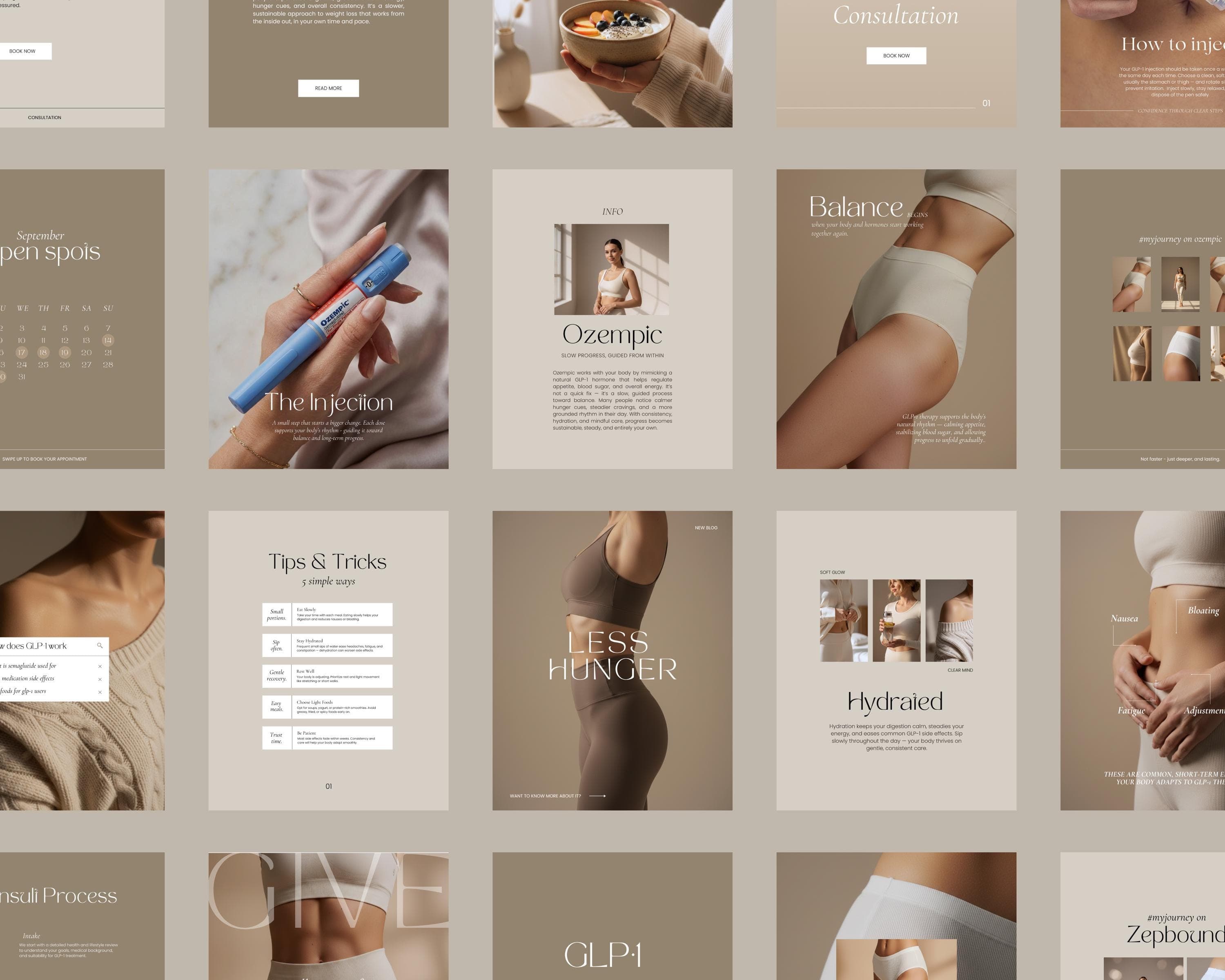 Instagram Posts GLP-1 | 50 Beige Aesthetic Templates |  Medspa Editable Canva Designs