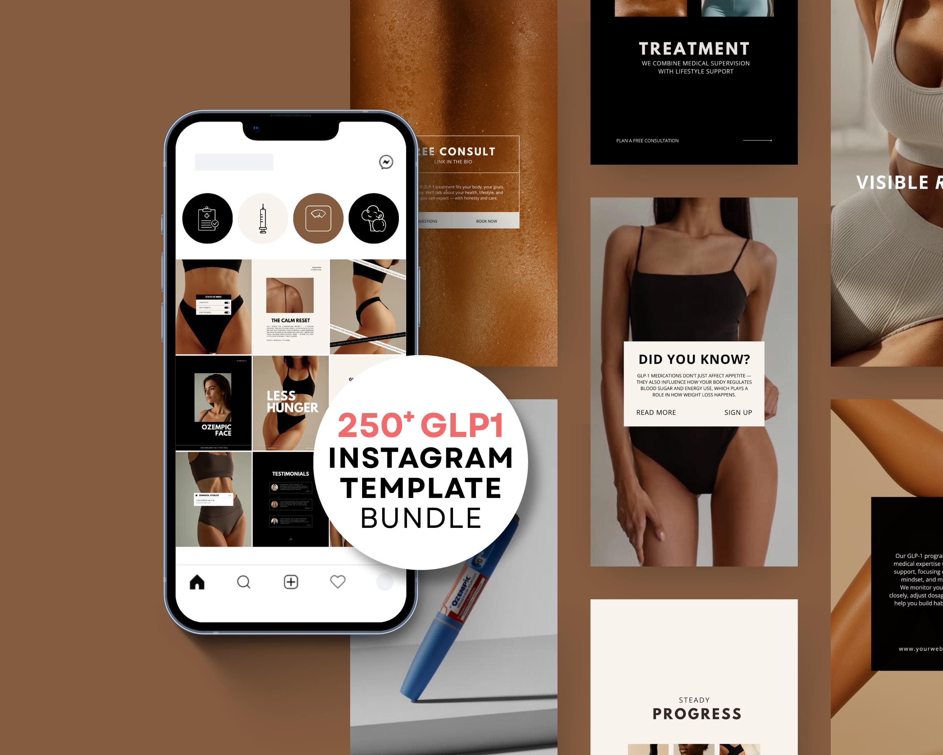 GLP-1 Weight Loss Instagram Templates | Med Spa Marketing Canva Bundle | Clinic Social Media Post Kit | Peptide Treatment Canva Templates