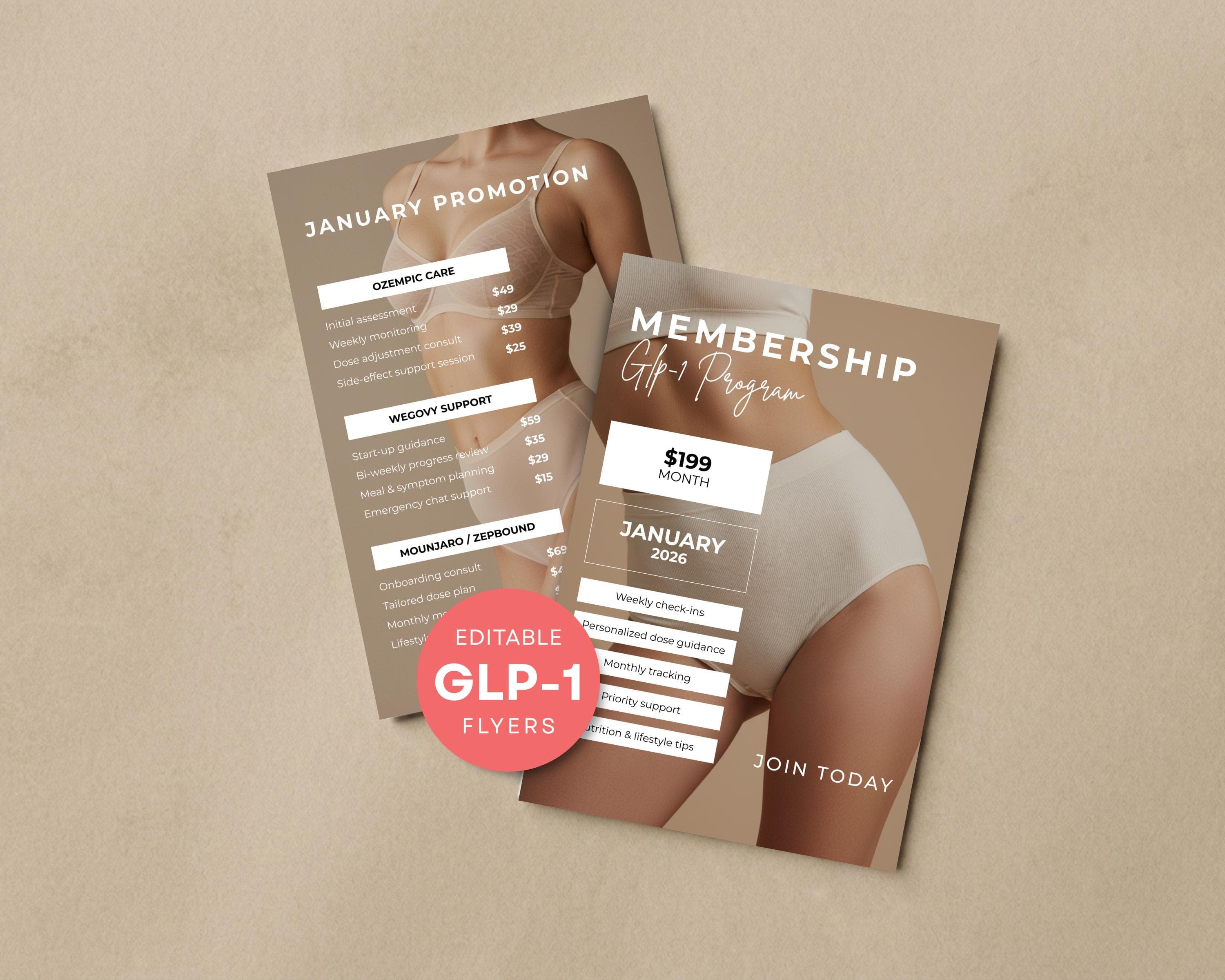 GLP-1 Promotional Flyer Canva, 2 Editable Weight Loss Clinic Offer Templates