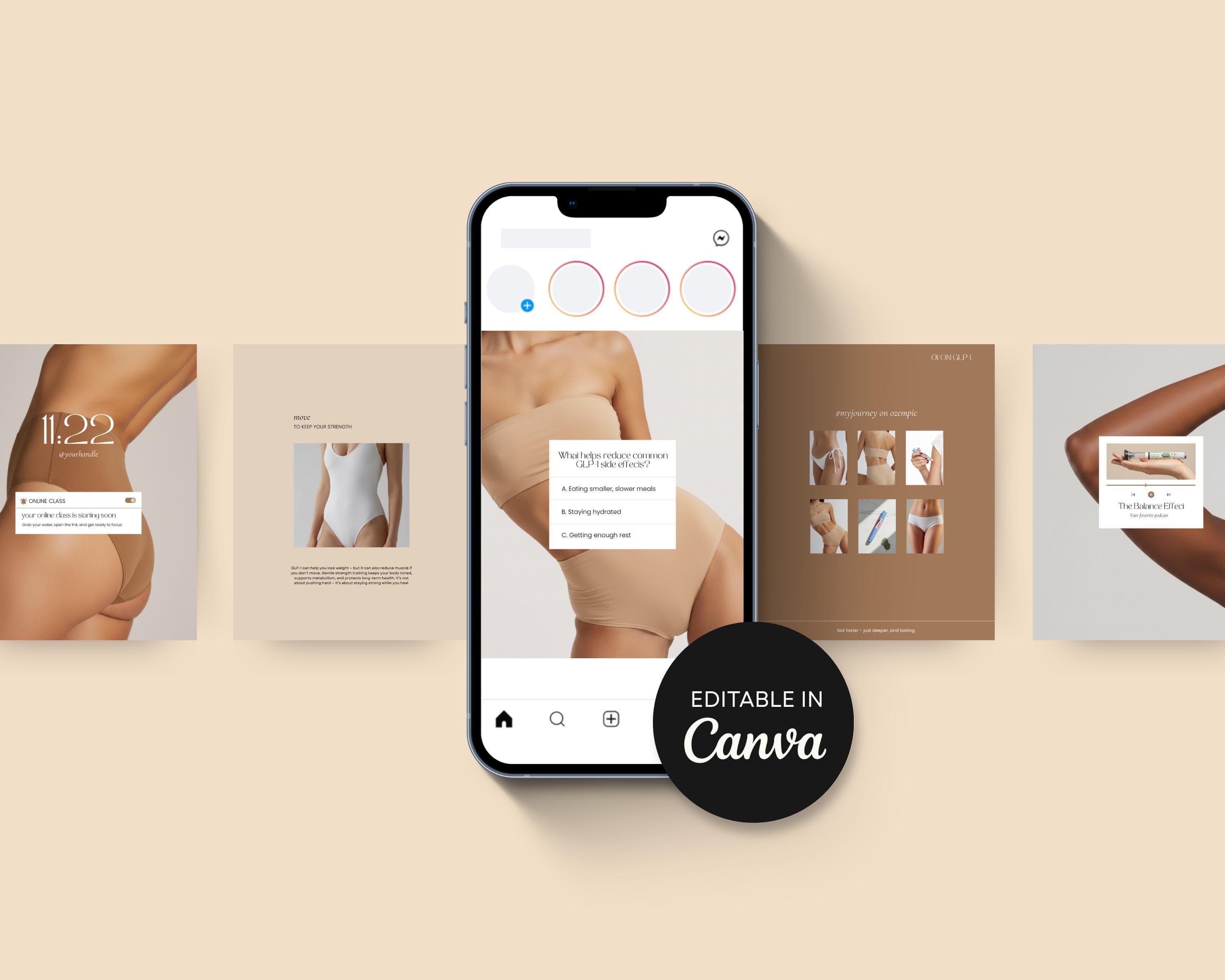 GLP-1 Instagram Post Template Minimalist Canva Semaglutide Weight Loss Social Media Clean Design