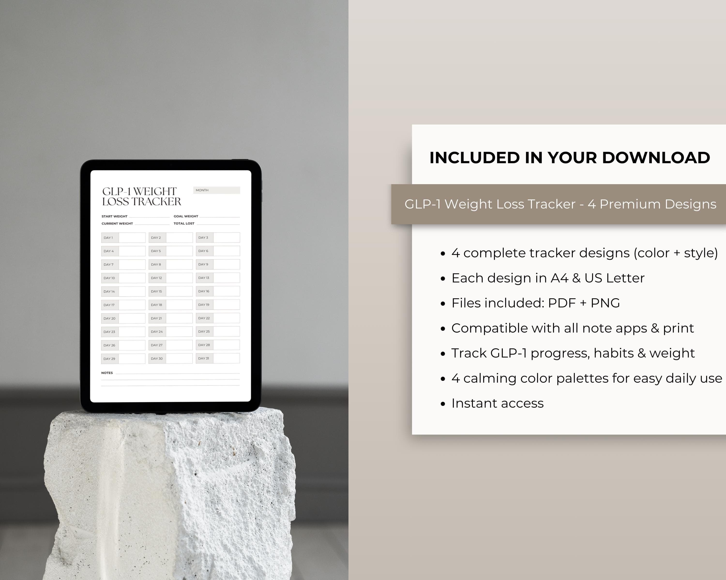 Monthly Weight Loss Chart Printable | 31-Day Weight Tracker PDF | Weigh-In Log for GLP-1 | A4 + US Letter Download