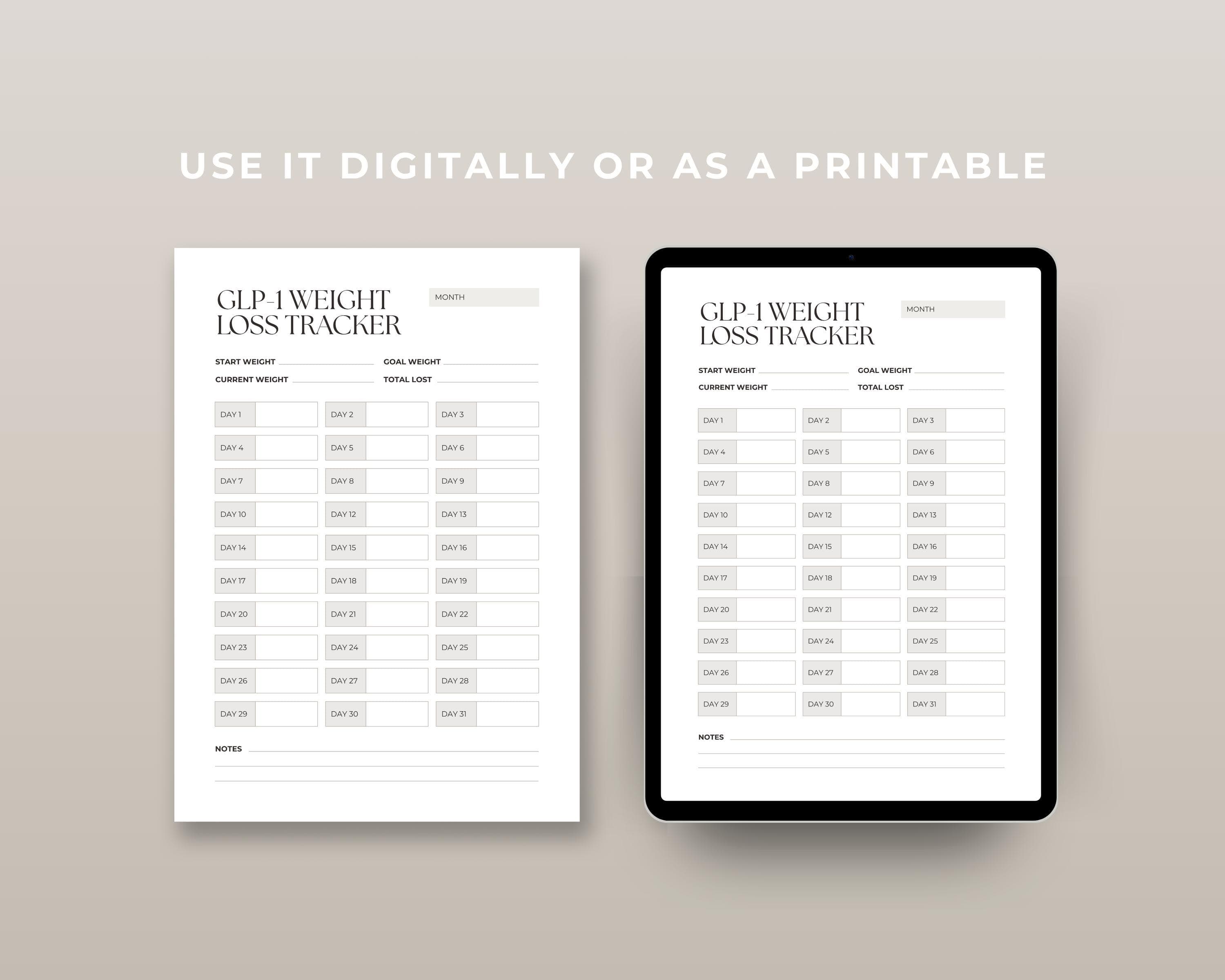 Monthly Weight Loss Chart Printable | 31-Day Weight Tracker PDF | Weigh-In Log for GLP-1 | A4 + US Letter Download