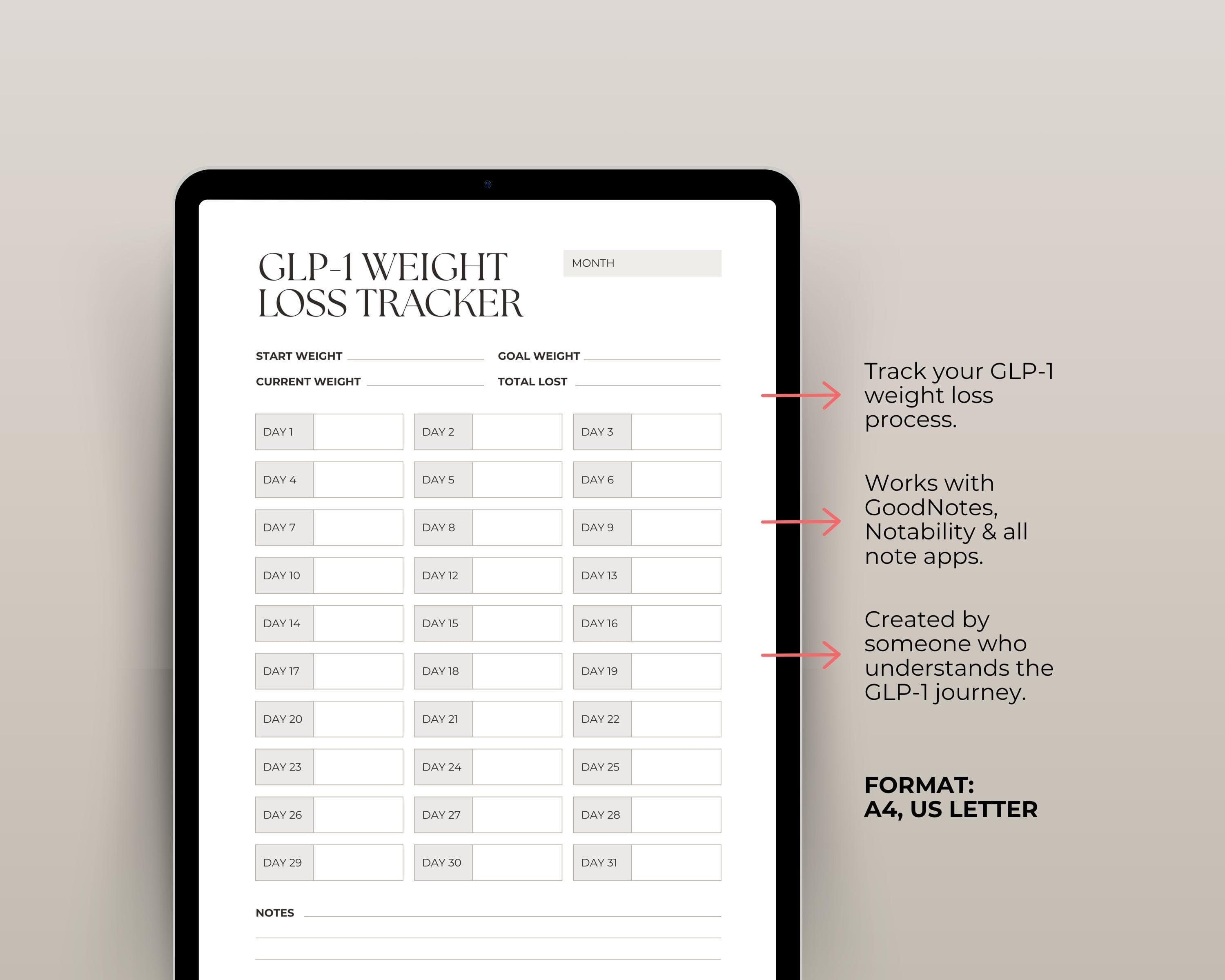 Monthly Weight Loss Chart Printable | 31-Day Weight Tracker PDF | Weigh-In Log for GLP-1 | A4 + US Letter Download