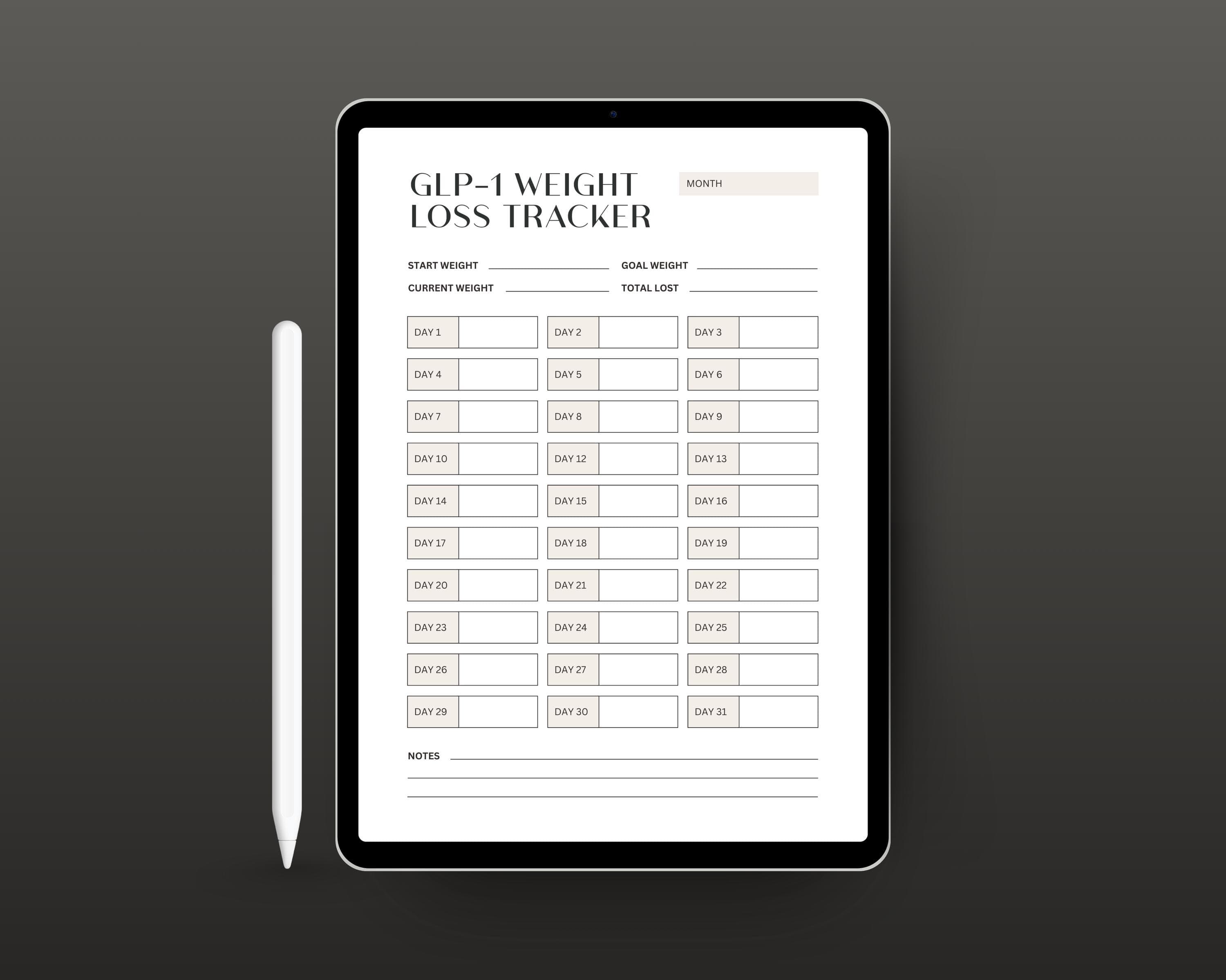 Monthly Weight Loss Chart Printable | 31-Day Weight Tracker PDF | Weigh-In Log for GLP-1 | A4 + US Letter Download