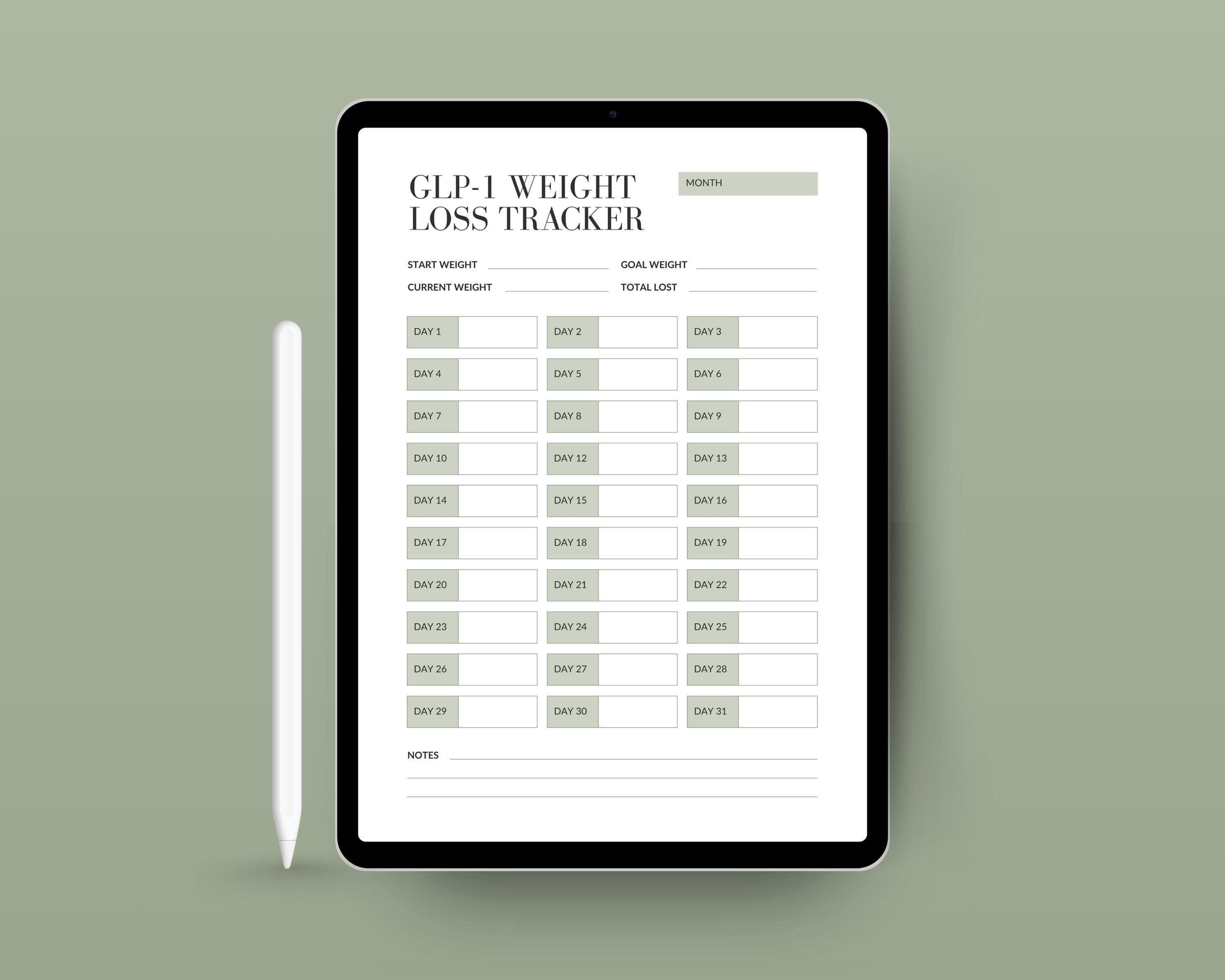 Monthly Weight Loss Chart Printable | 31-Day Weight Tracker PDF | Weigh-In Log for GLP-1 | A4 + US Letter Download