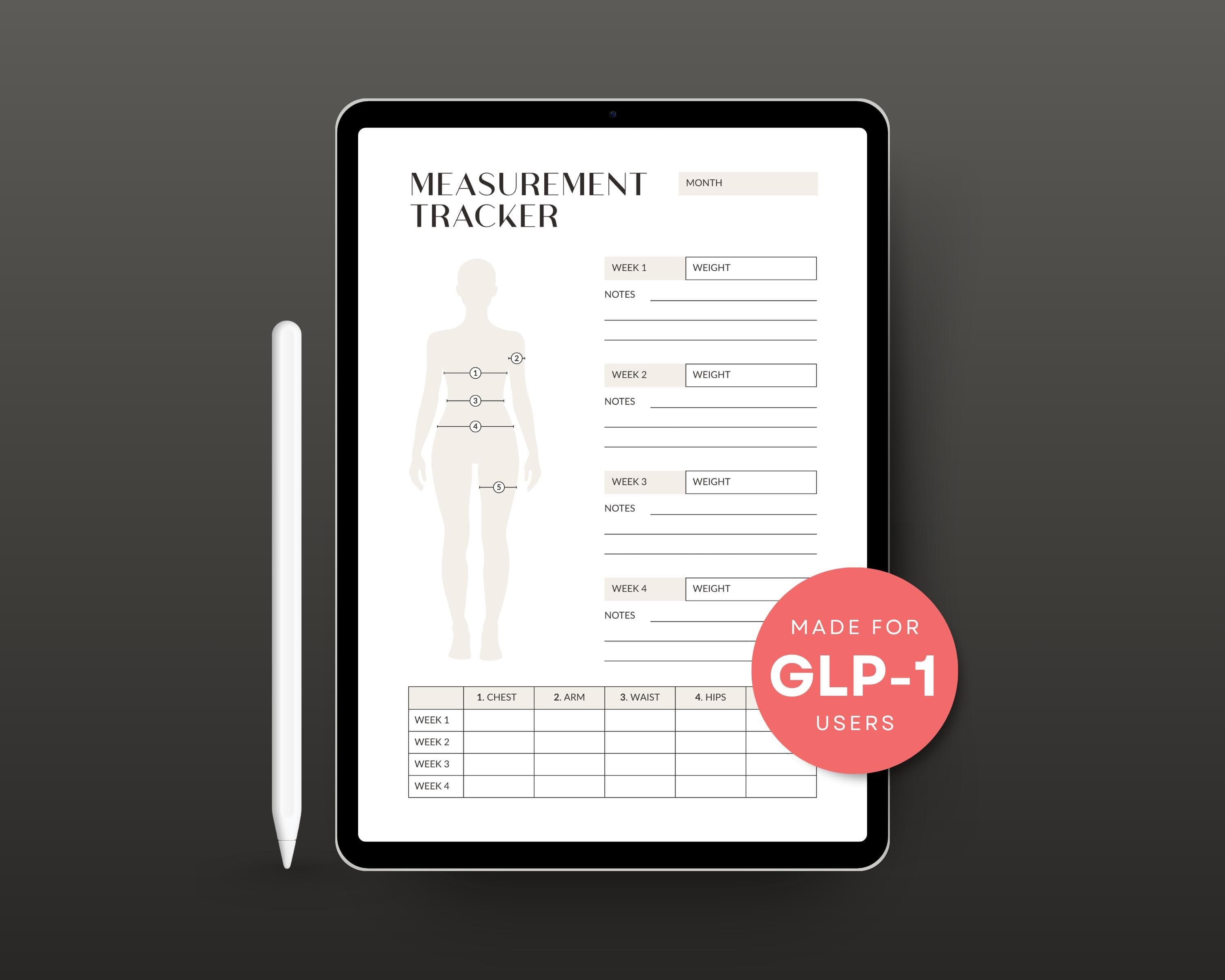 GLP-1 Measurement Tracker Printable: Inch Loss Log, Body Progress Chart (Digital Download)