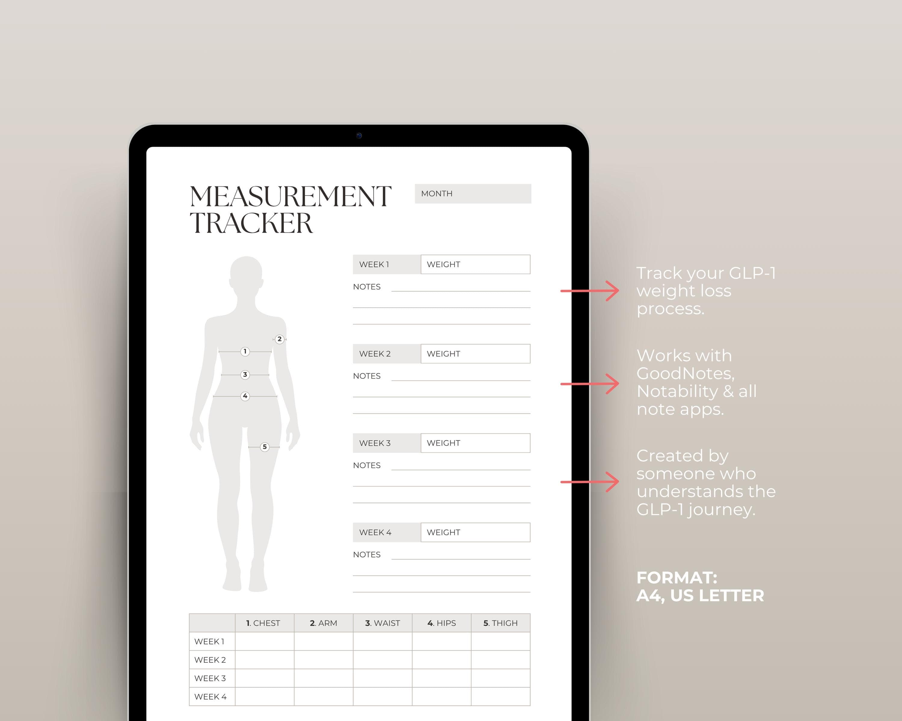 GLP-1 Measurement Tracker Printable: Inch Loss Log, Body Progress Chart (Digital Download)