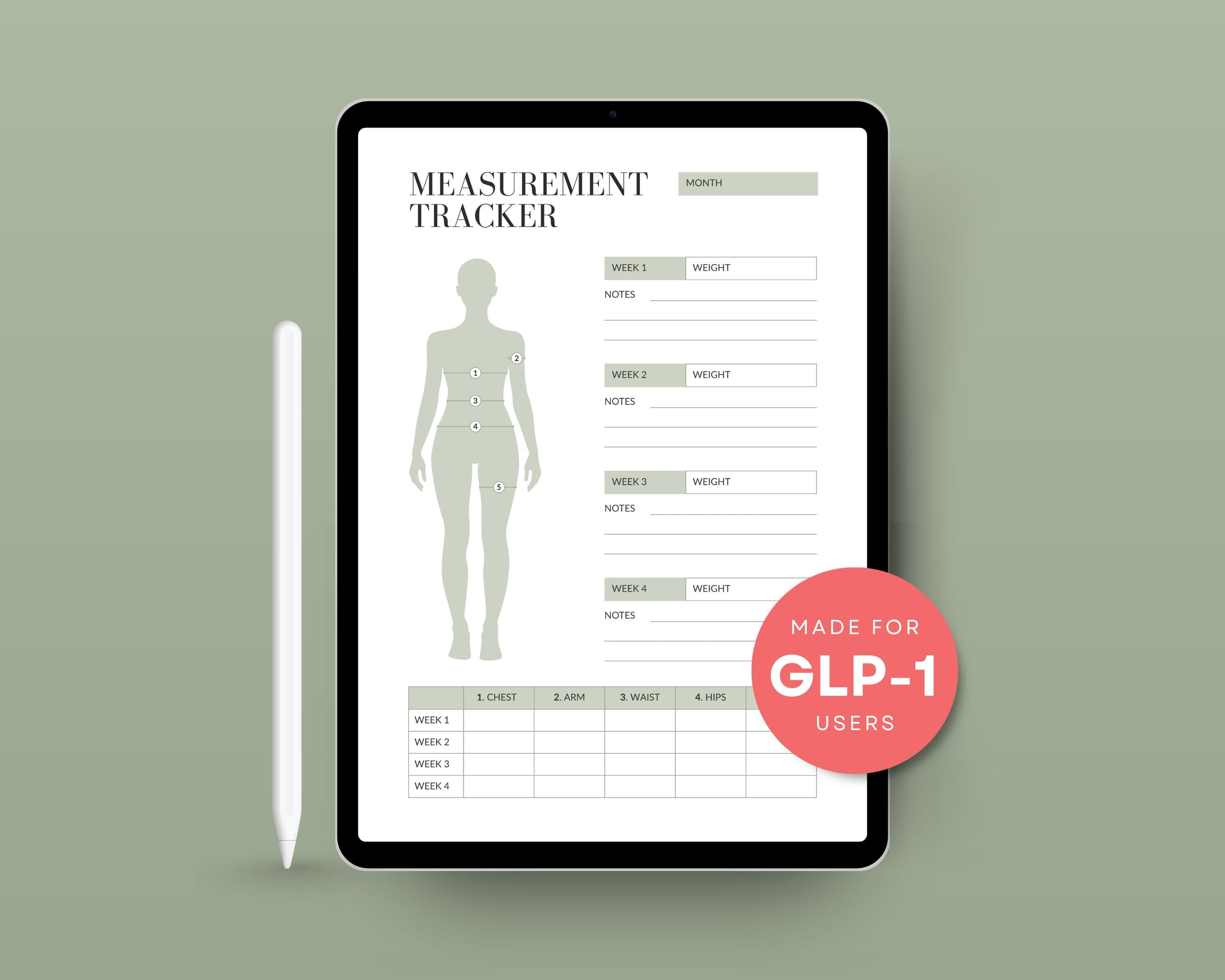 GLP-1 Measurement Tracker Printable: Inch Loss Log, Body Progress Chart (Digital Download)