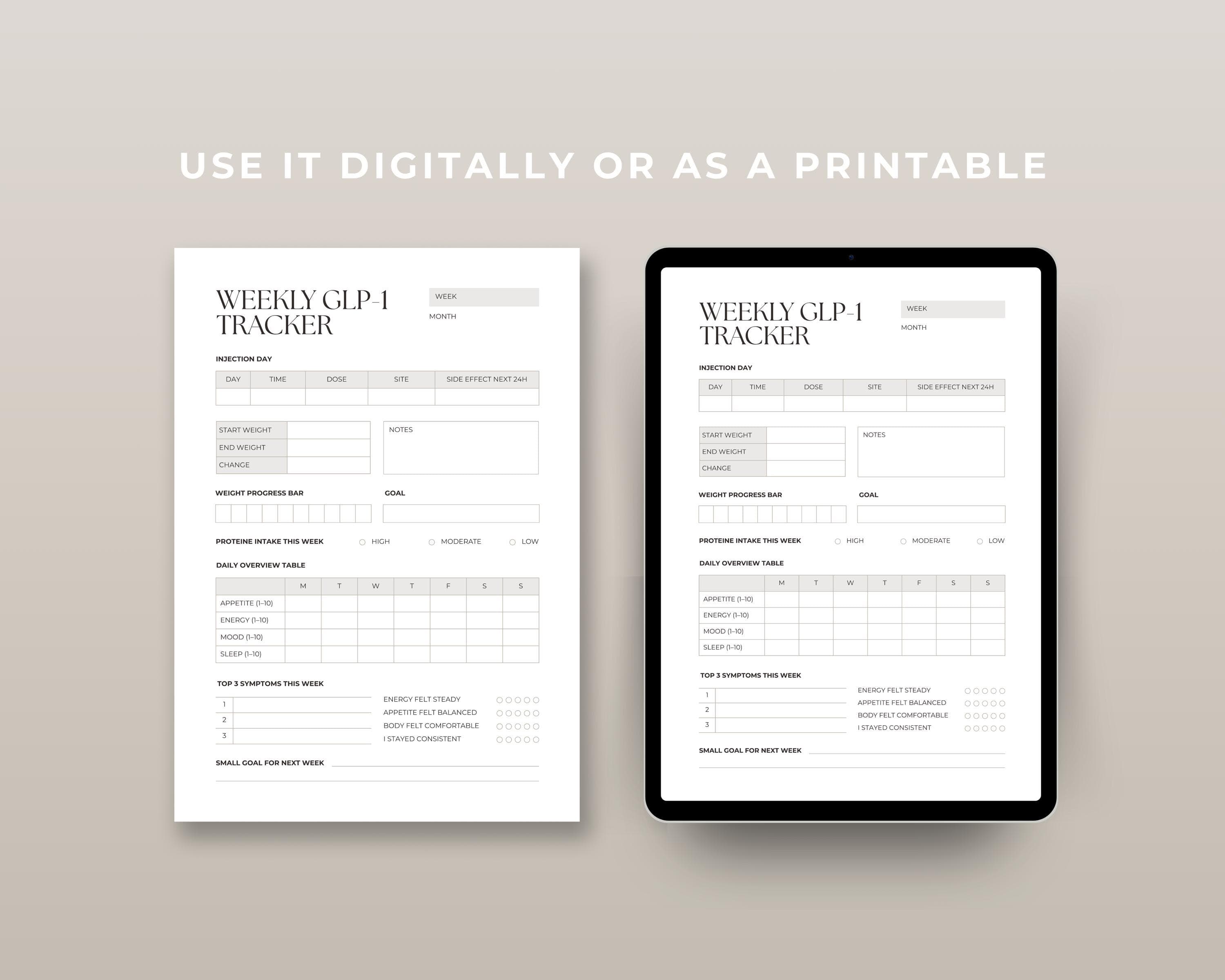 GLP-1 Protein Tracker Printable | Weekly Protein Intake & Progress Log | Muscle-Preserving Weight Loss Sheet PDF