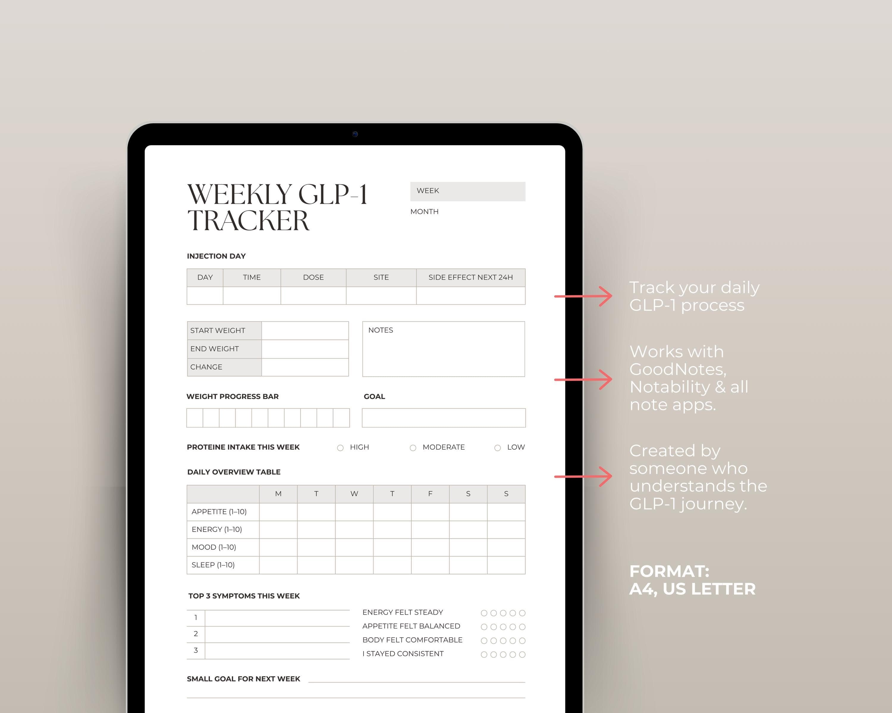 GLP-1 Protein Tracker Printable | Weekly Protein Intake & Progress Log | Muscle-Preserving Weight Loss Sheet PDF