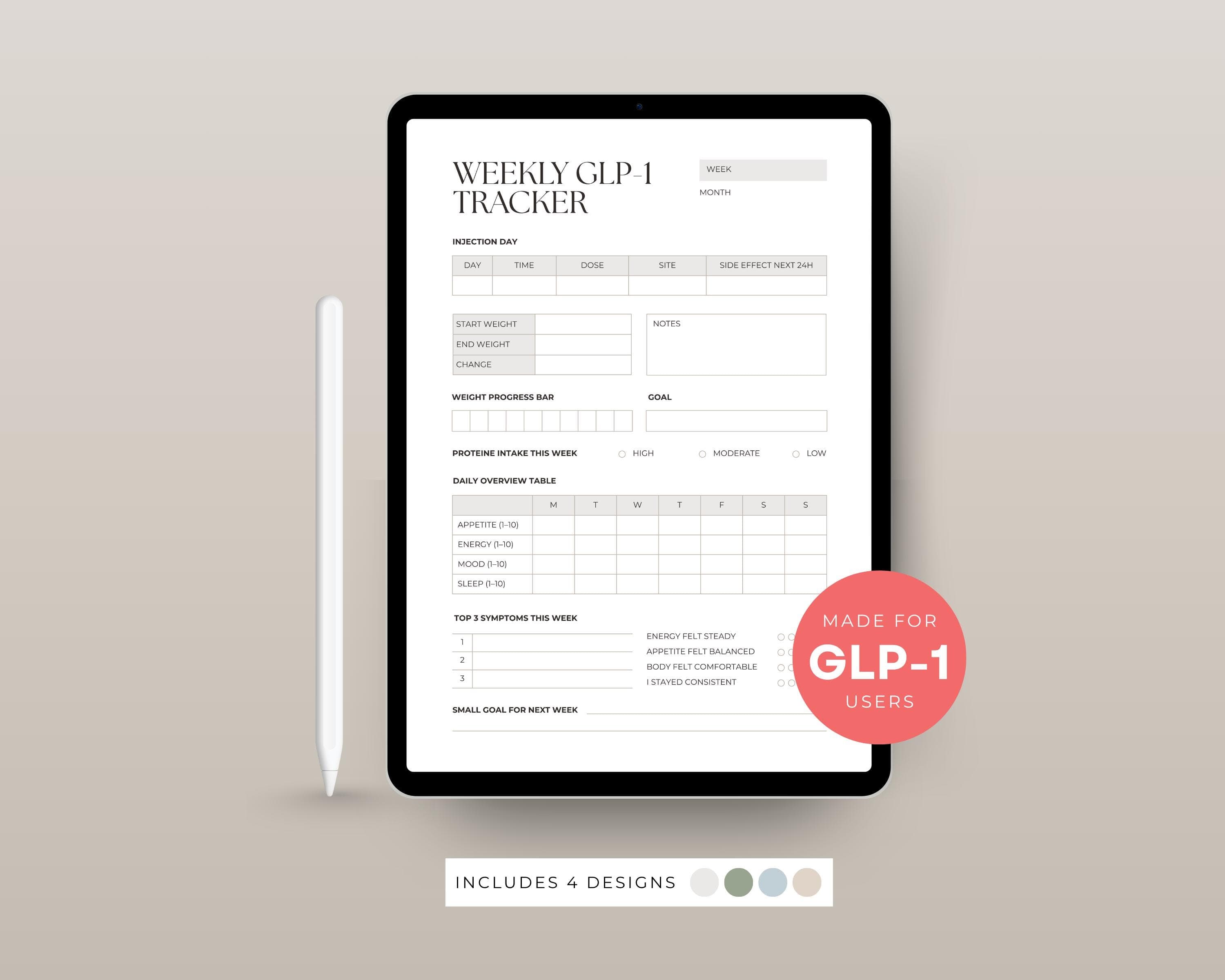 GLP-1 Protein Tracker Printable | Weekly Protein Intake & Progress Log | Muscle-Preserving Weight Loss Sheet PDF