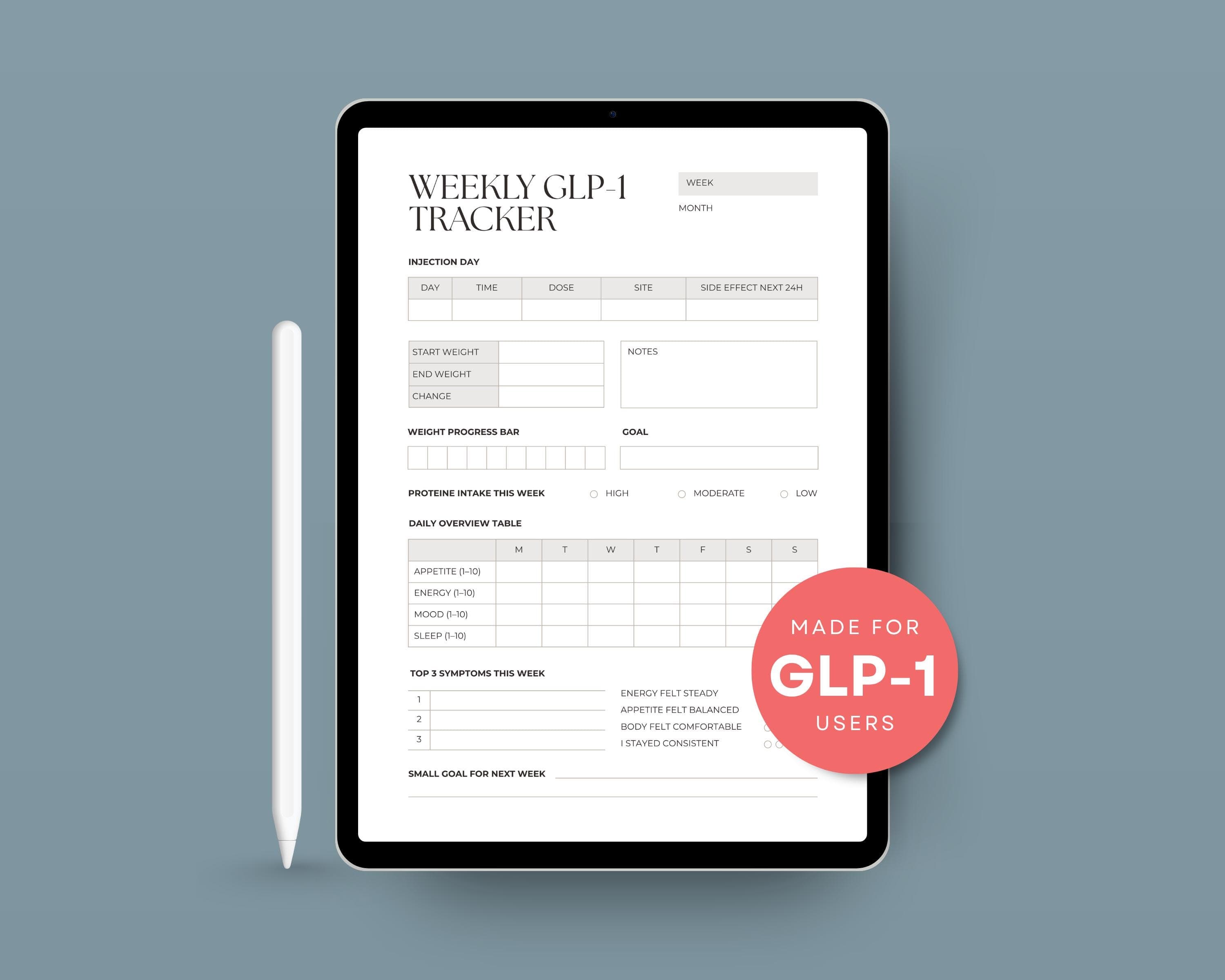 GLP-1 Protein Tracker Printable | Weekly Protein Intake & Progress Log | Muscle-Preserving Weight Loss Sheet PDF