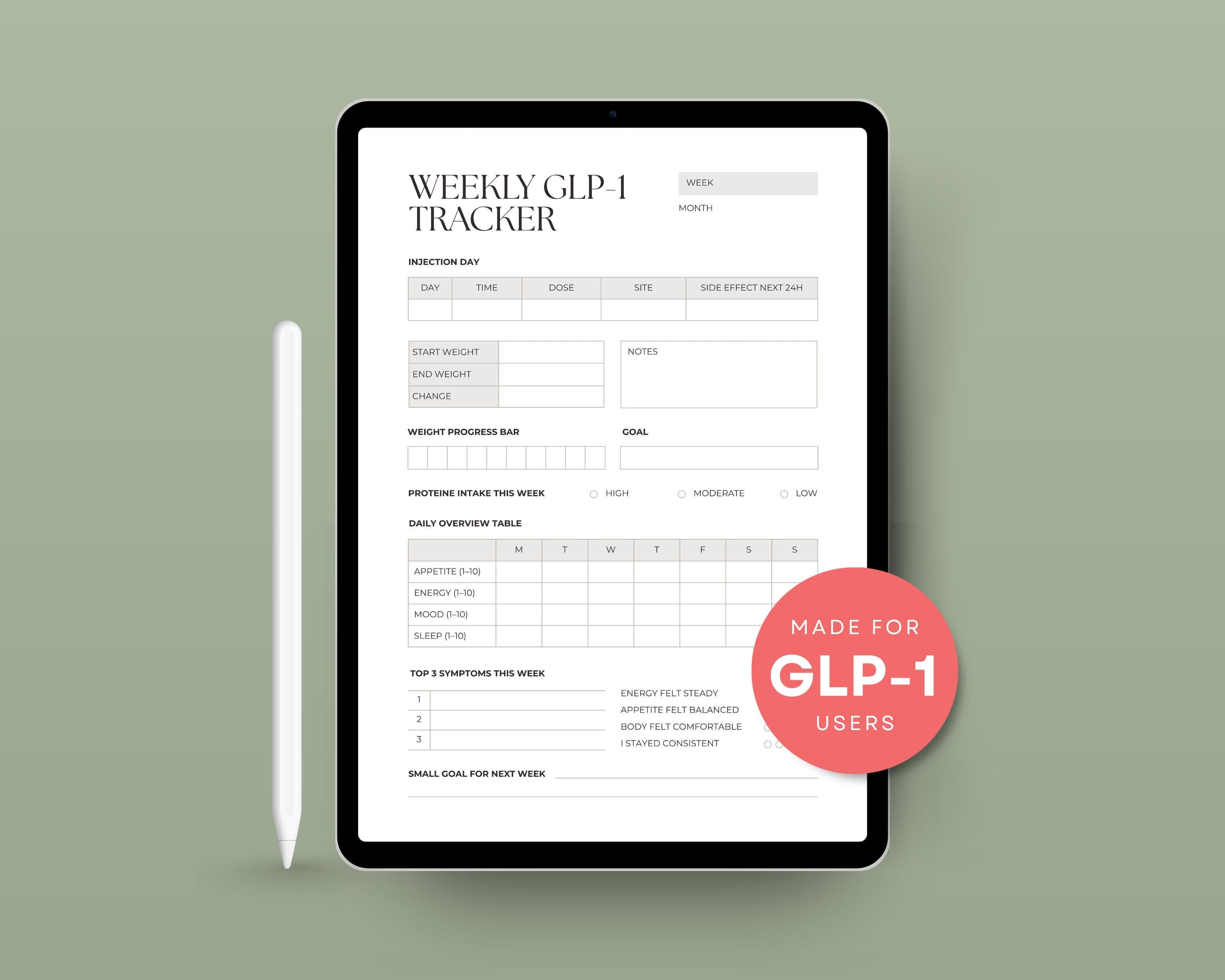 GLP-1 Protein Tracker Printable | Weekly Protein Intake & Progress Log | Muscle-Preserving Weight Loss Sheet PDF