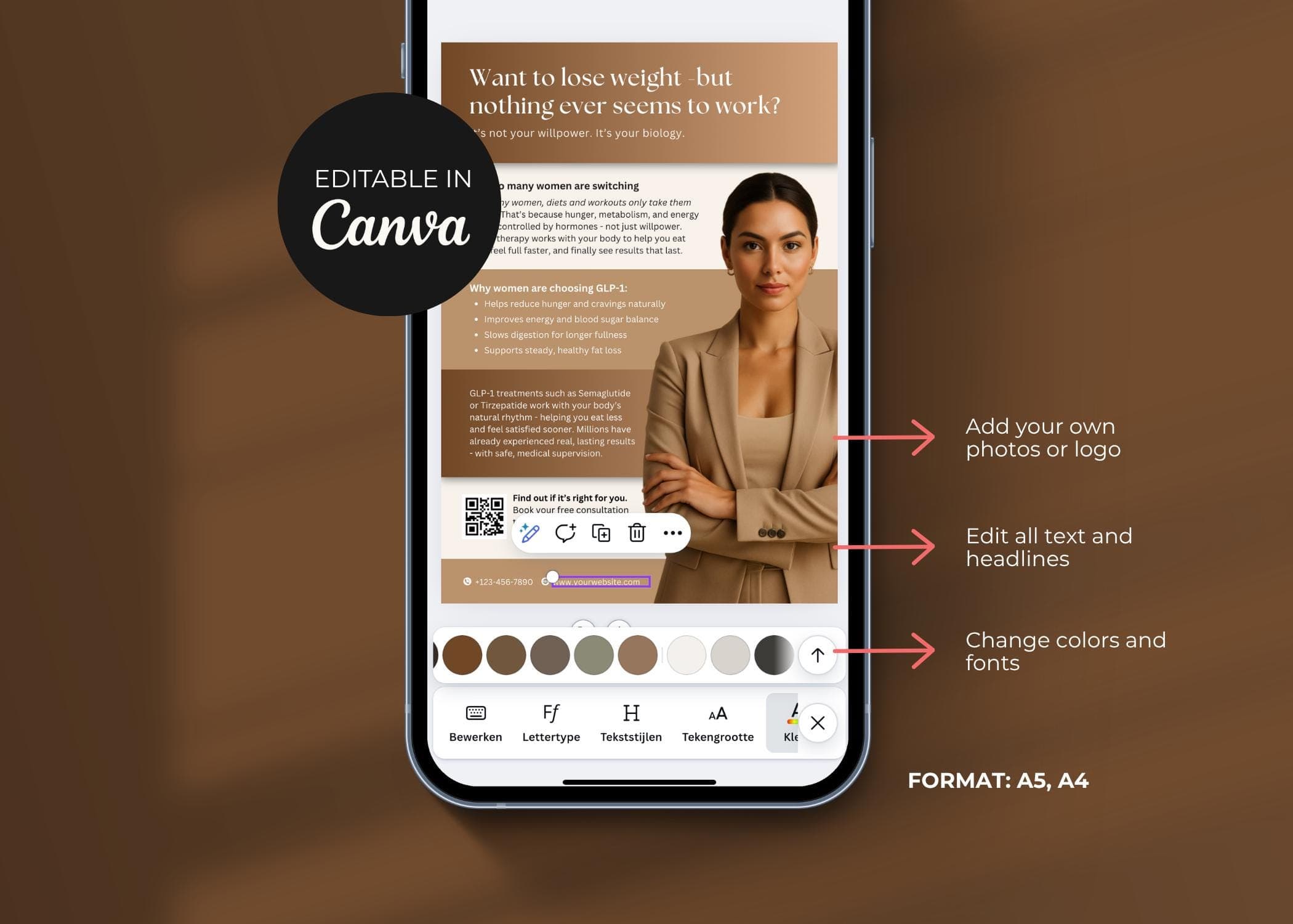 Weight Loss Brochure Template, Editable Canva GLP-1 Clinic Trifold Handout