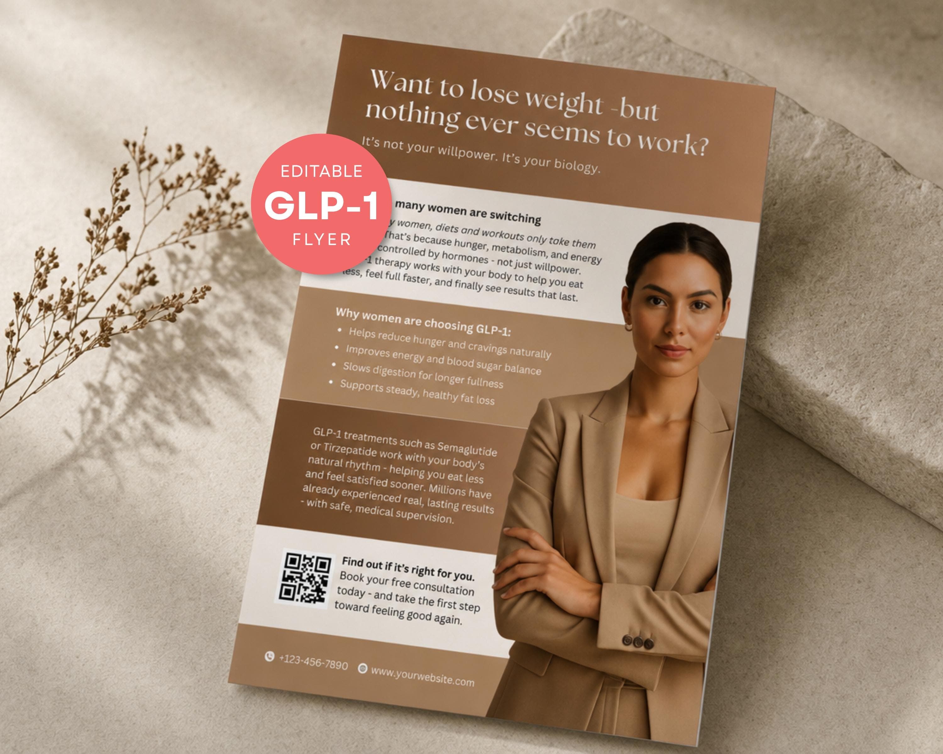 Weight Loss Brochure Template, Editable Canva GLP-1 Clinic Trifold Handout