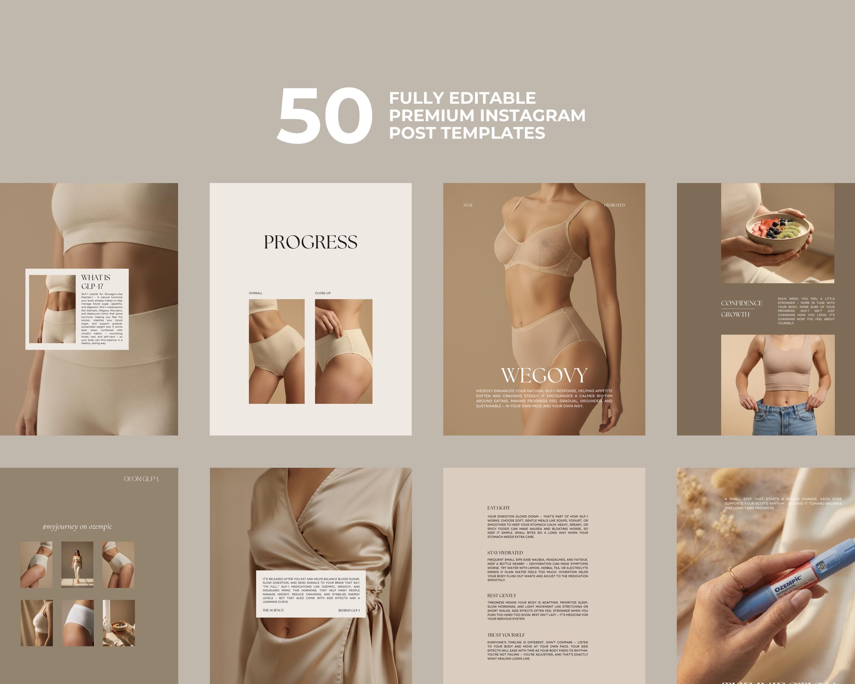 Instagram Posts GLP-1 | 50 Beige Aesthetic Templates | Medspa Editable Canva Designs