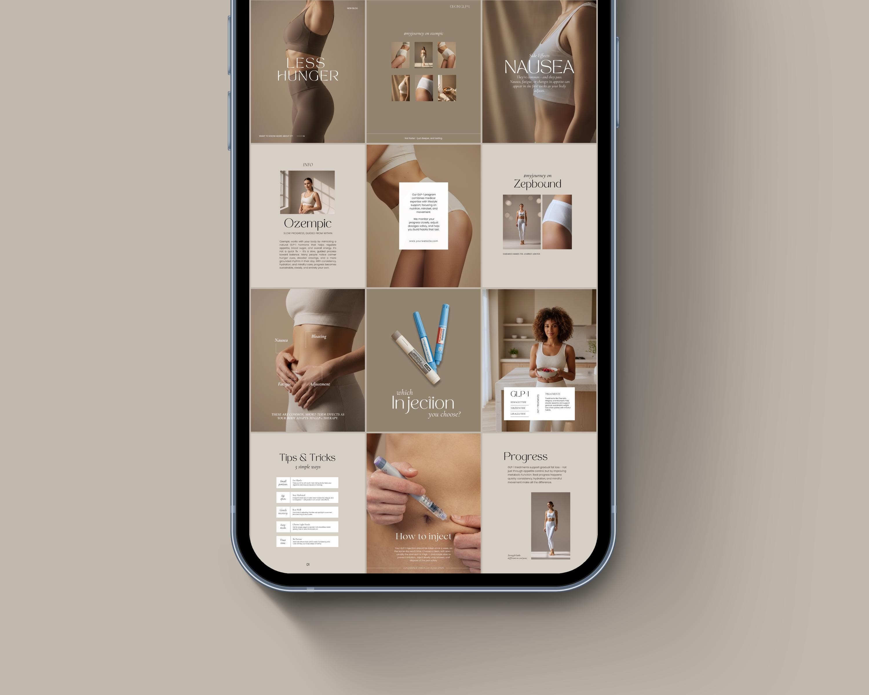 Instagram Posts GLP-1 | 50 Beige Aesthetic Templates | Medspa Editable Canva Designs