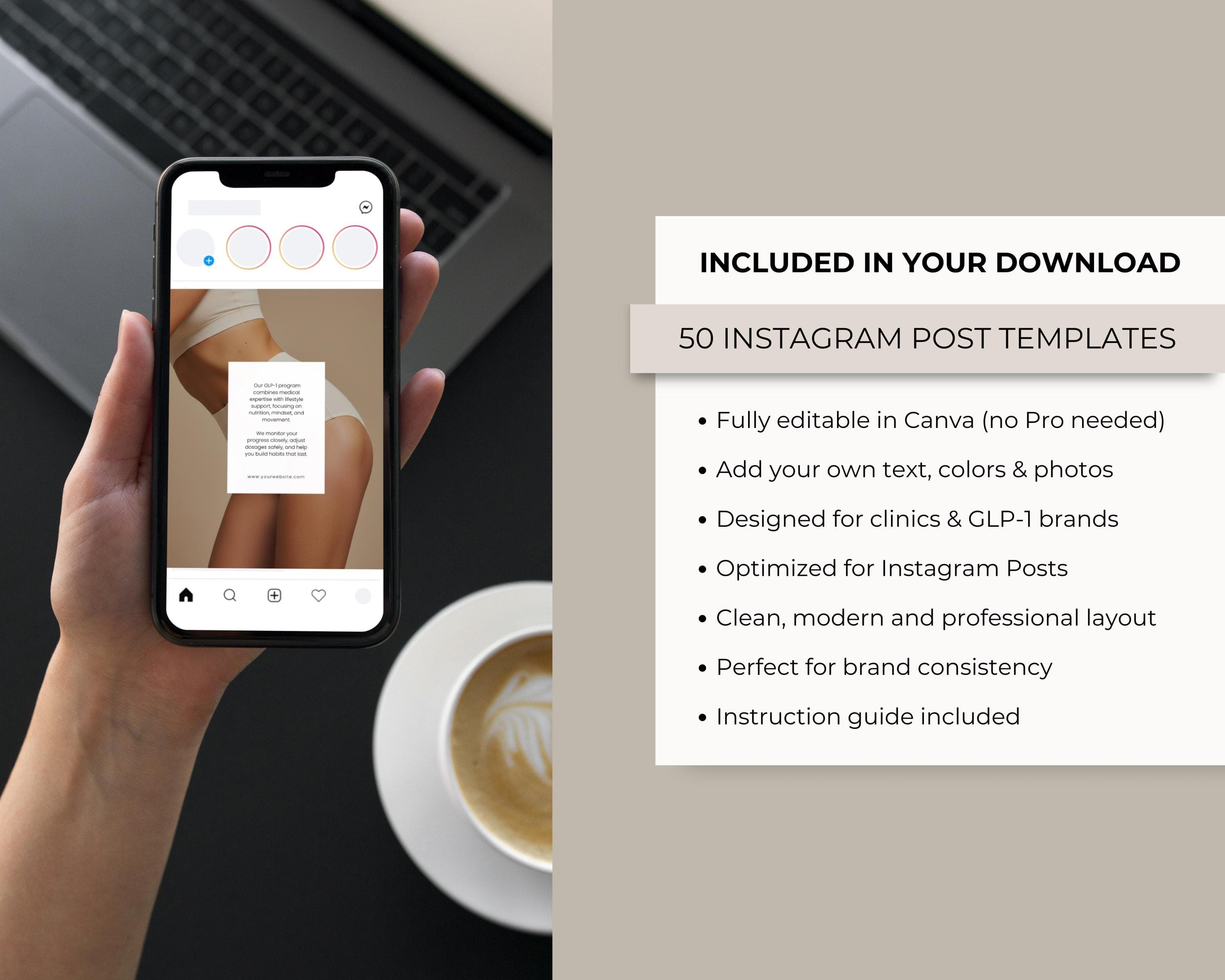 Instagram Posts GLP-1 | 50 Beige Aesthetic Templates | Medspa Editable Canva Designs