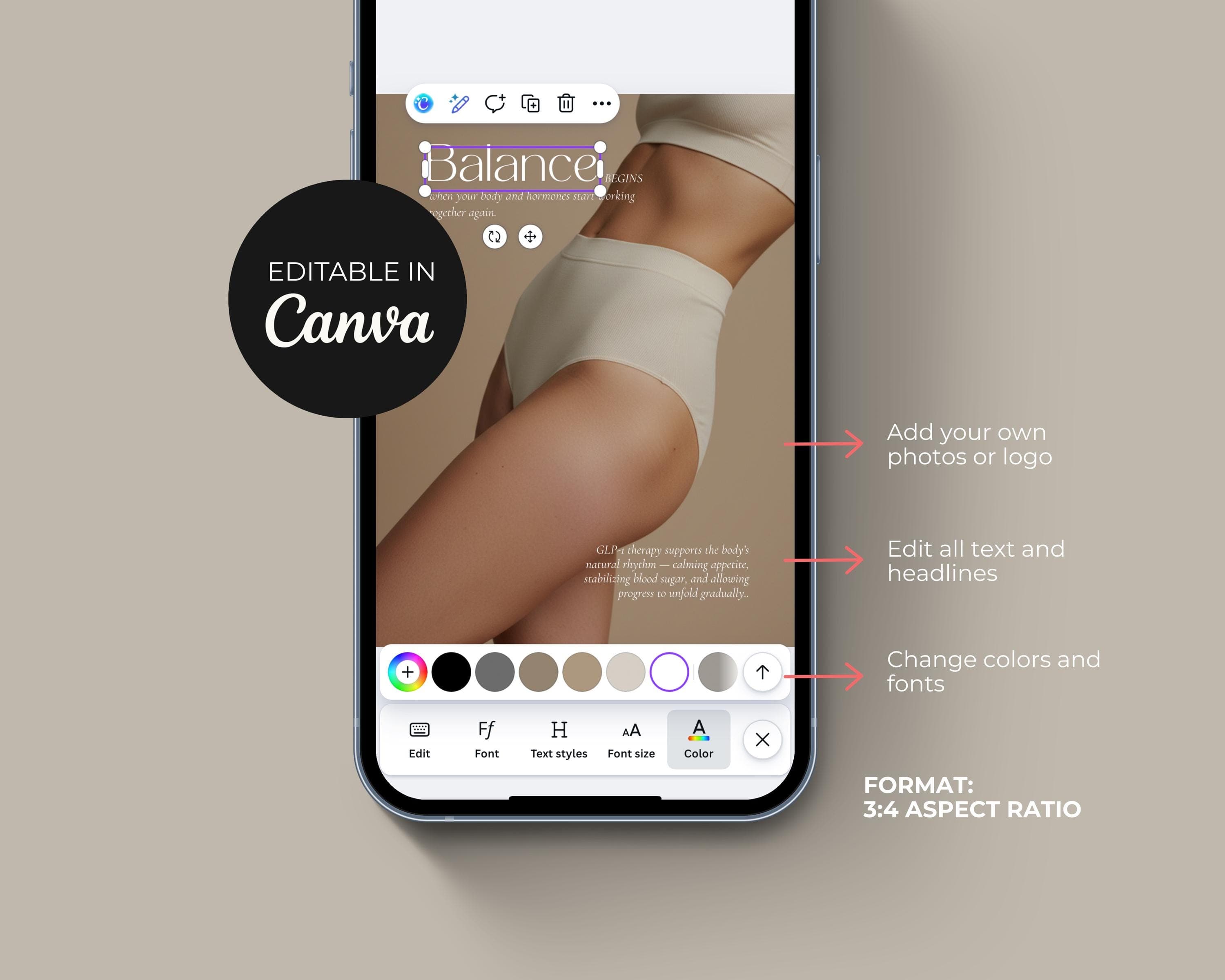 Instagram Posts GLP-1 | 50 Beige Aesthetic Templates | Medspa Editable Canva Designs