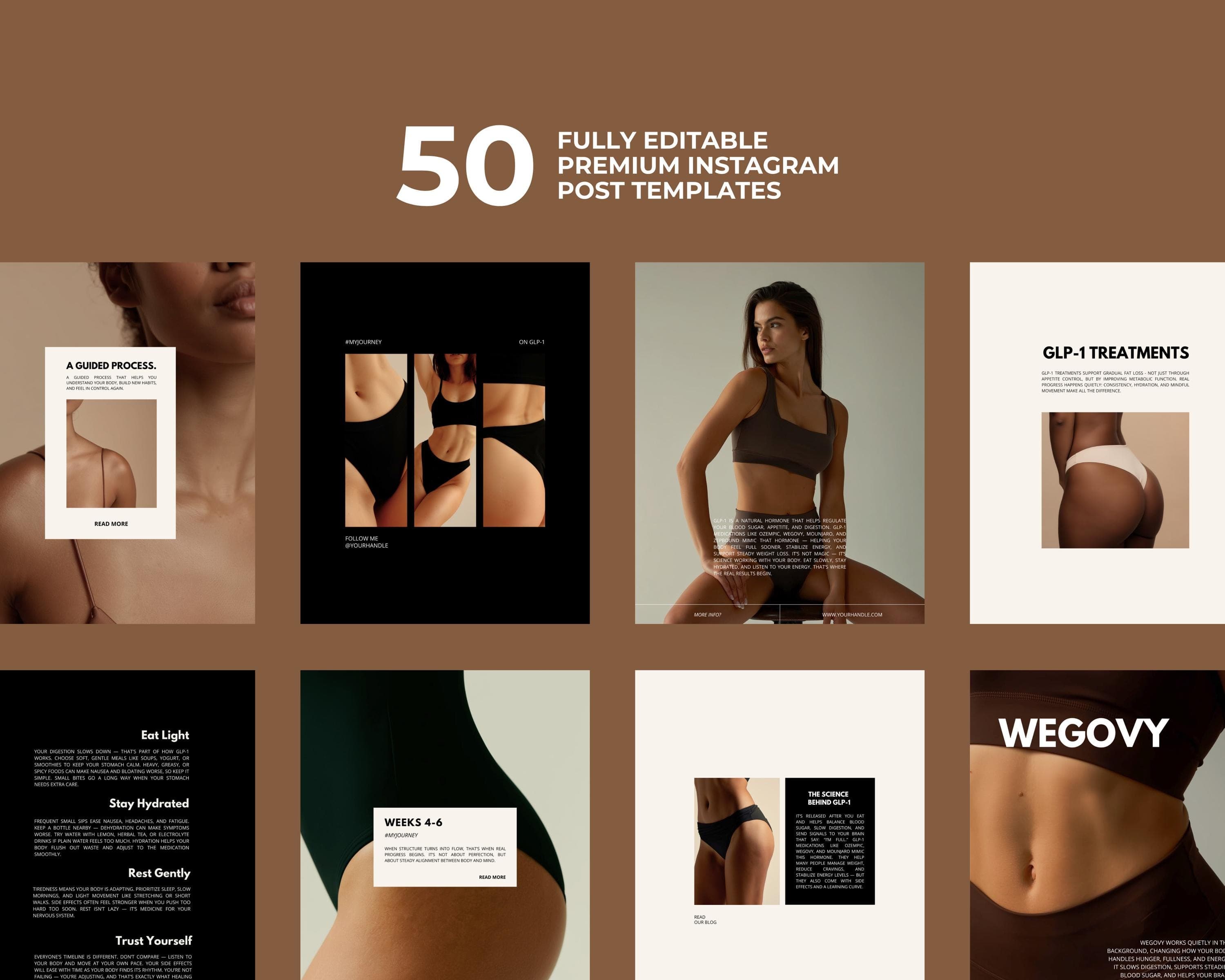 50 GLP1 Editable Canva Instagram Post Templates | Luxury Aesthetic