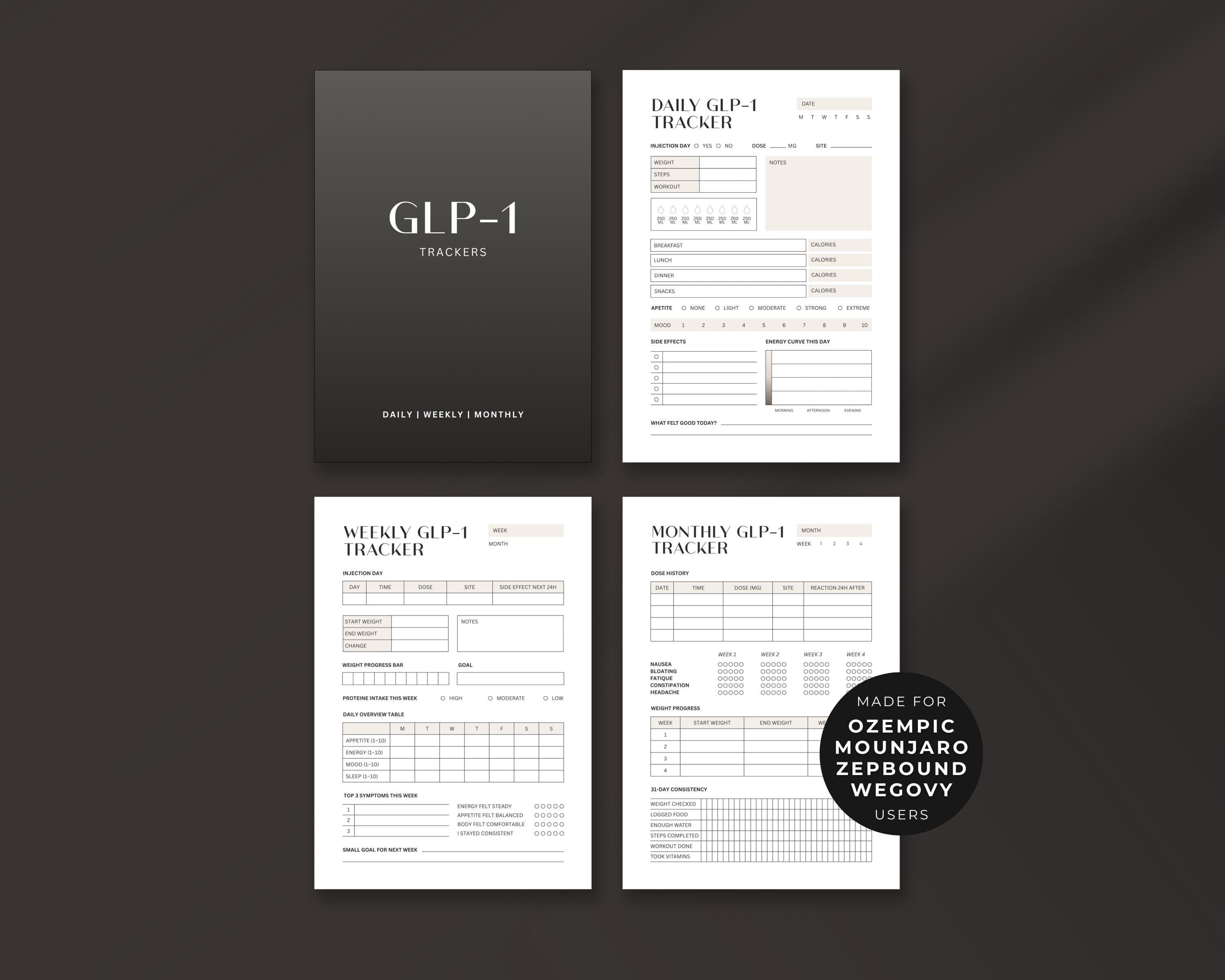 GLP-1 Starter Kit Printable | Daily Weekly Monthly Weight Loss Tracker Bundle | Complete System PDF Instant Download