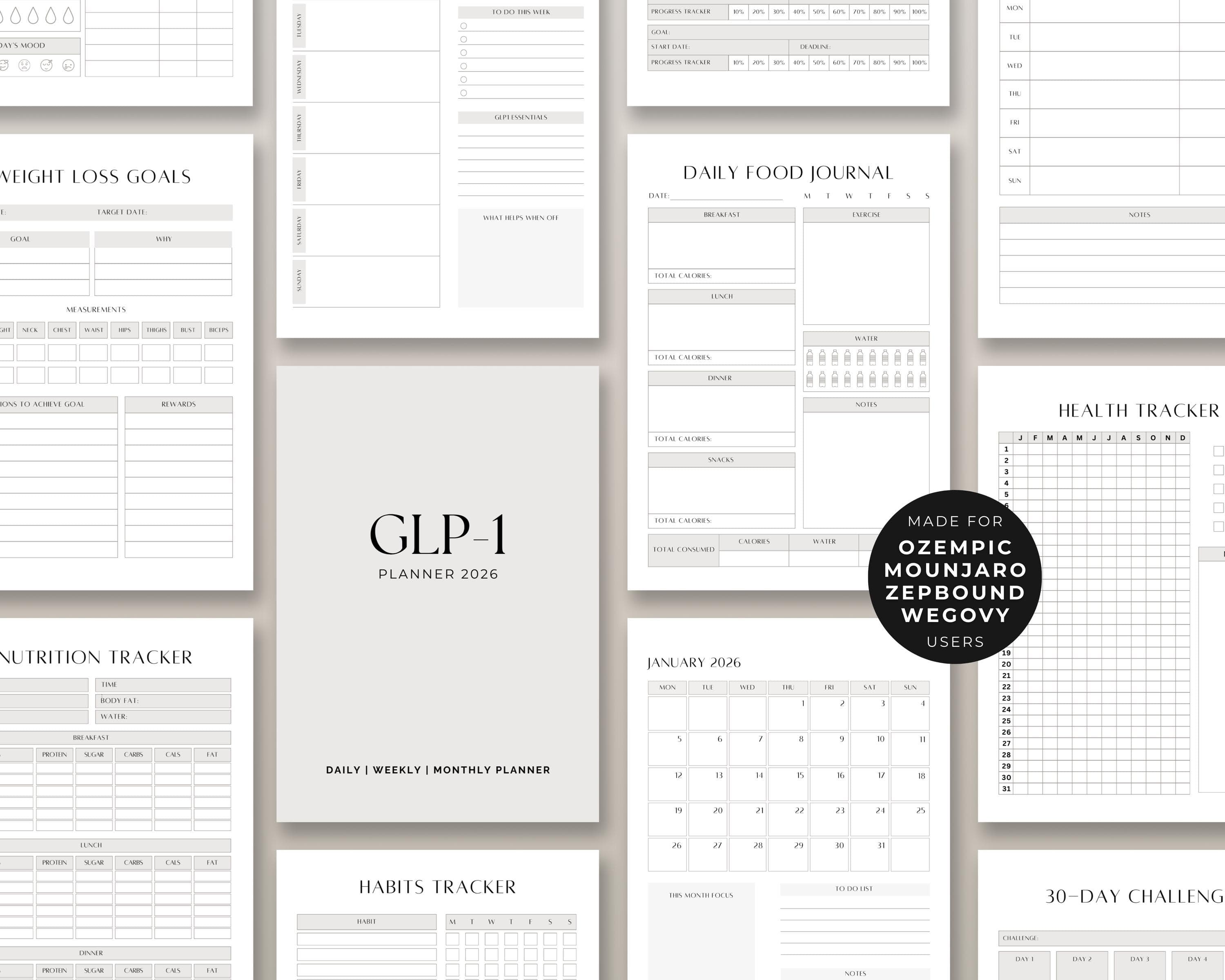 Semaglutide PDF Planner 2026 | GLP1 Peptide Journal | Goodnotes Weight Loss Log | Daily GLP1 Routine | Tirzepatide Bullet Journal
