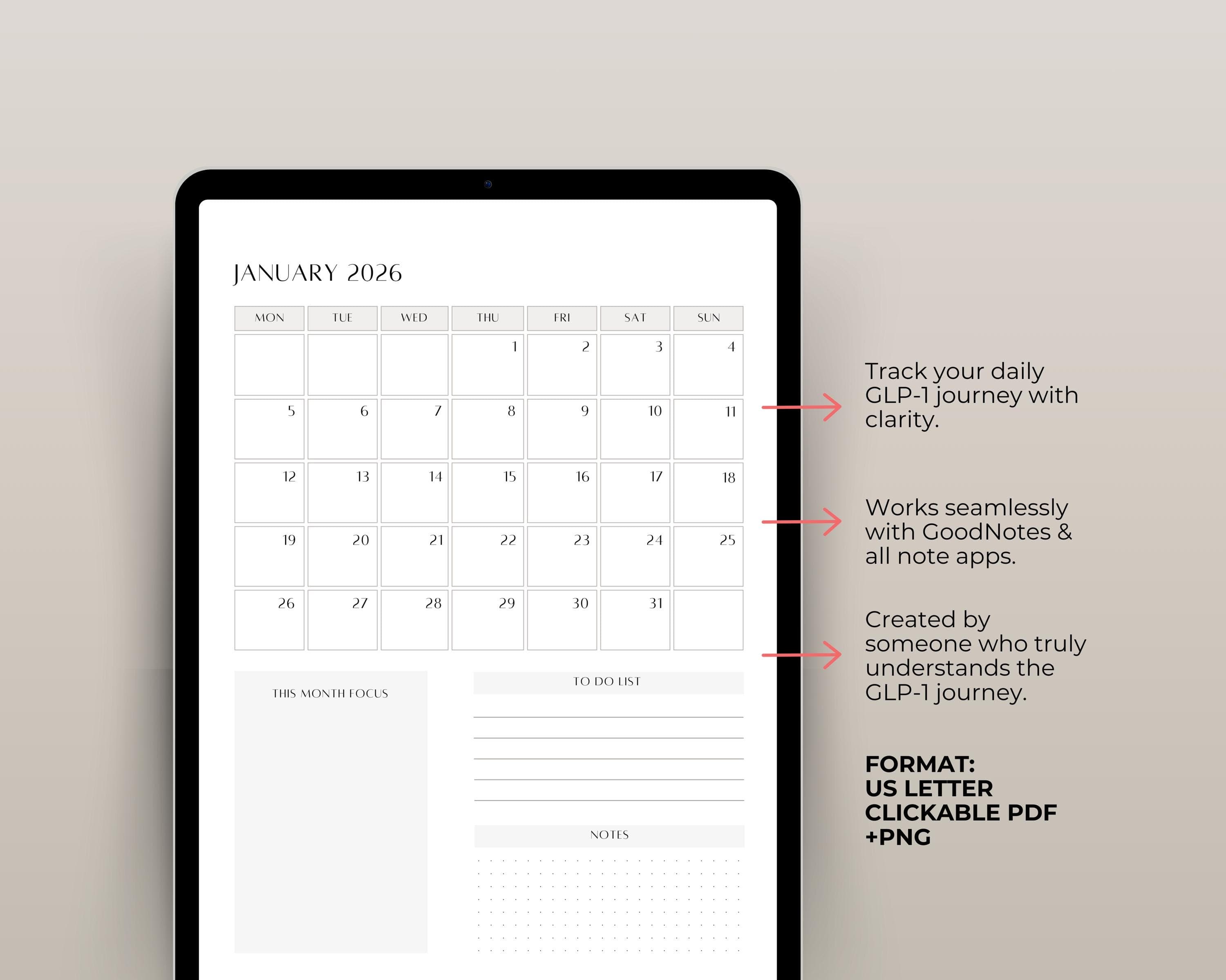 Semaglutide PDF Planner 2026 | GLP1 Peptide Journal | Goodnotes Weight Loss Log | Daily GLP1 Routine | Tirzepatide Bullet Journal