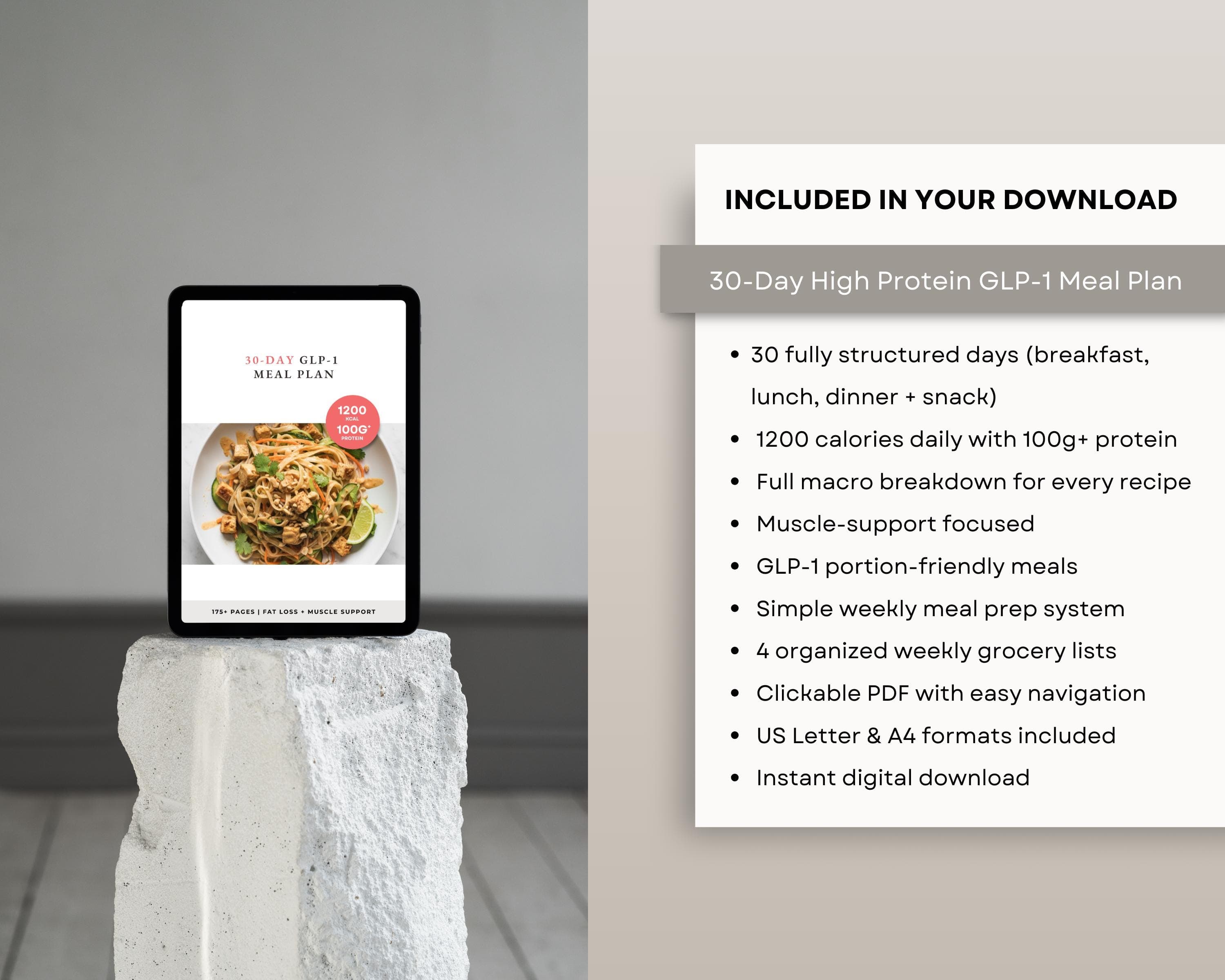 30 Day GLP-1 Meal Plan, Monthly High Protein Meal Planner with Weekly Grocery Lists, Complete GLP1 Diet Reset, 4 Week PDF