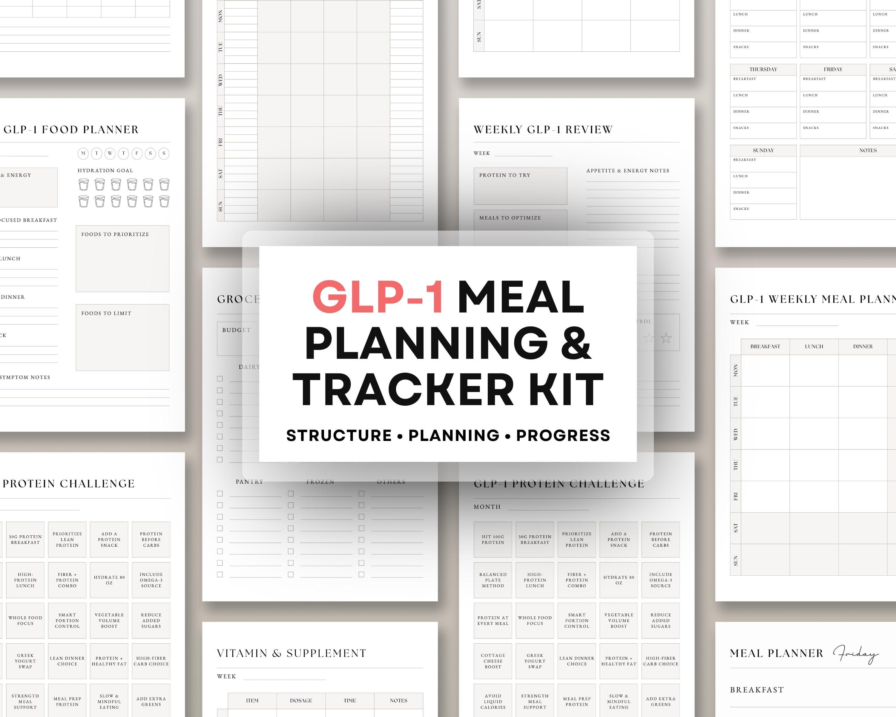 GLP-1 Tracker Tirzepatide Meal Planner Kit | GLP1 Meal Plan & Food Journal | Symptom + Medication Log Bundle