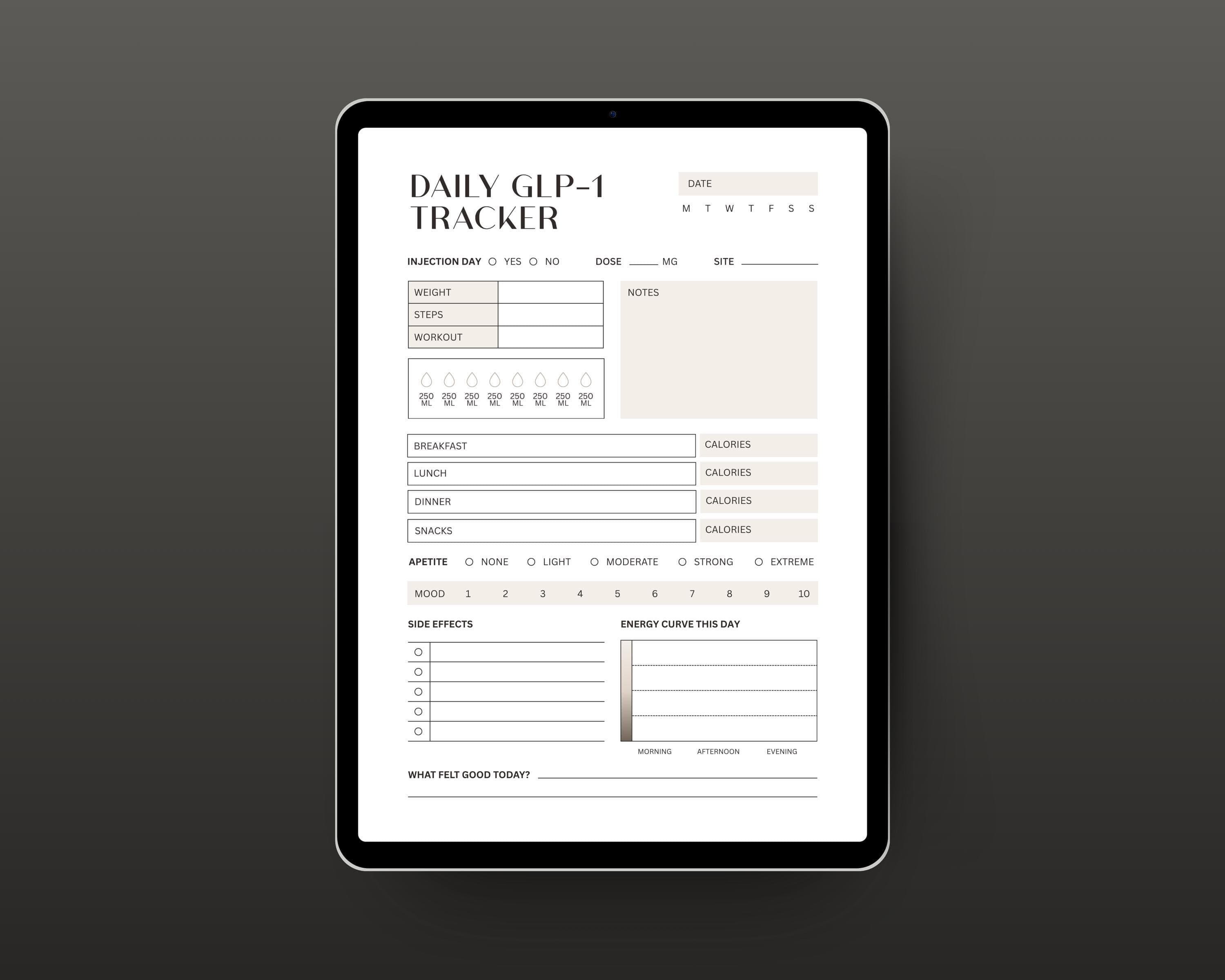 Appetite & Energy Tracker Printable | GLP-1 Daily Log with Mood + Side Effects | Weight Loss Health Tracker PDF