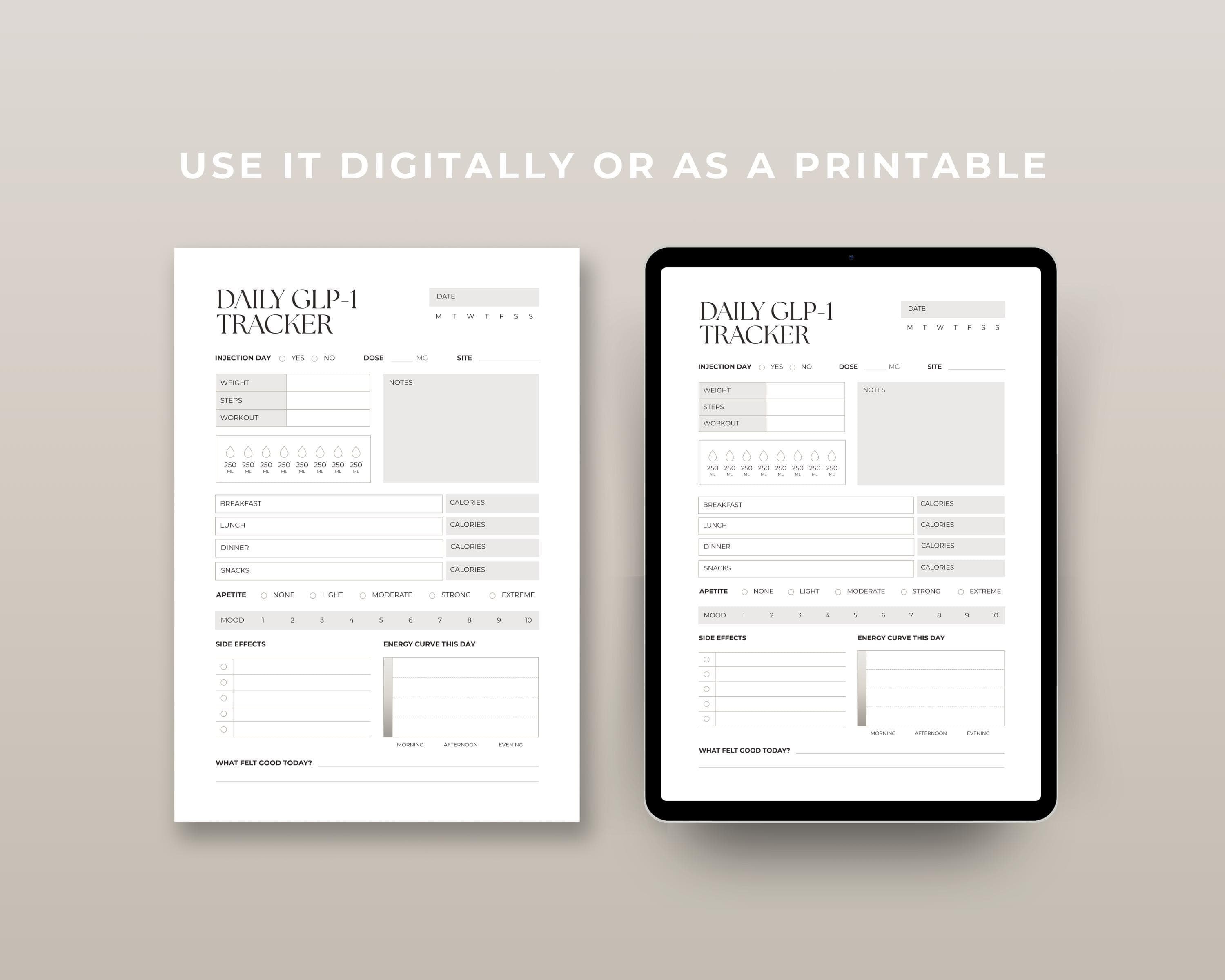 Appetite & Energy Tracker Printable | GLP-1 Daily Log with Mood + Side Effects | Weight Loss Health Tracker PDF