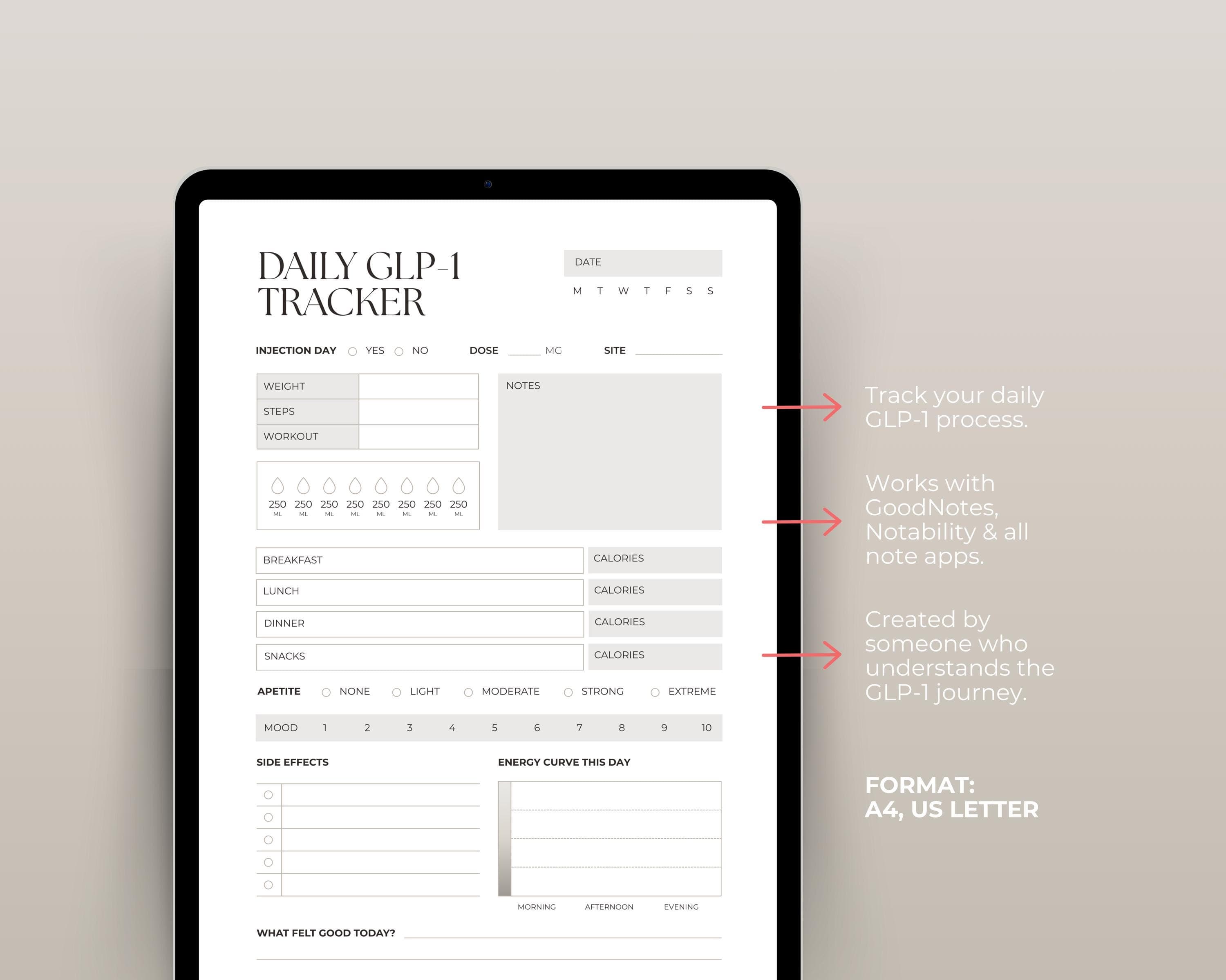 Appetite & Energy Tracker Printable | GLP-1 Daily Log with Mood + Side Effects | Weight Loss Health Tracker PDF