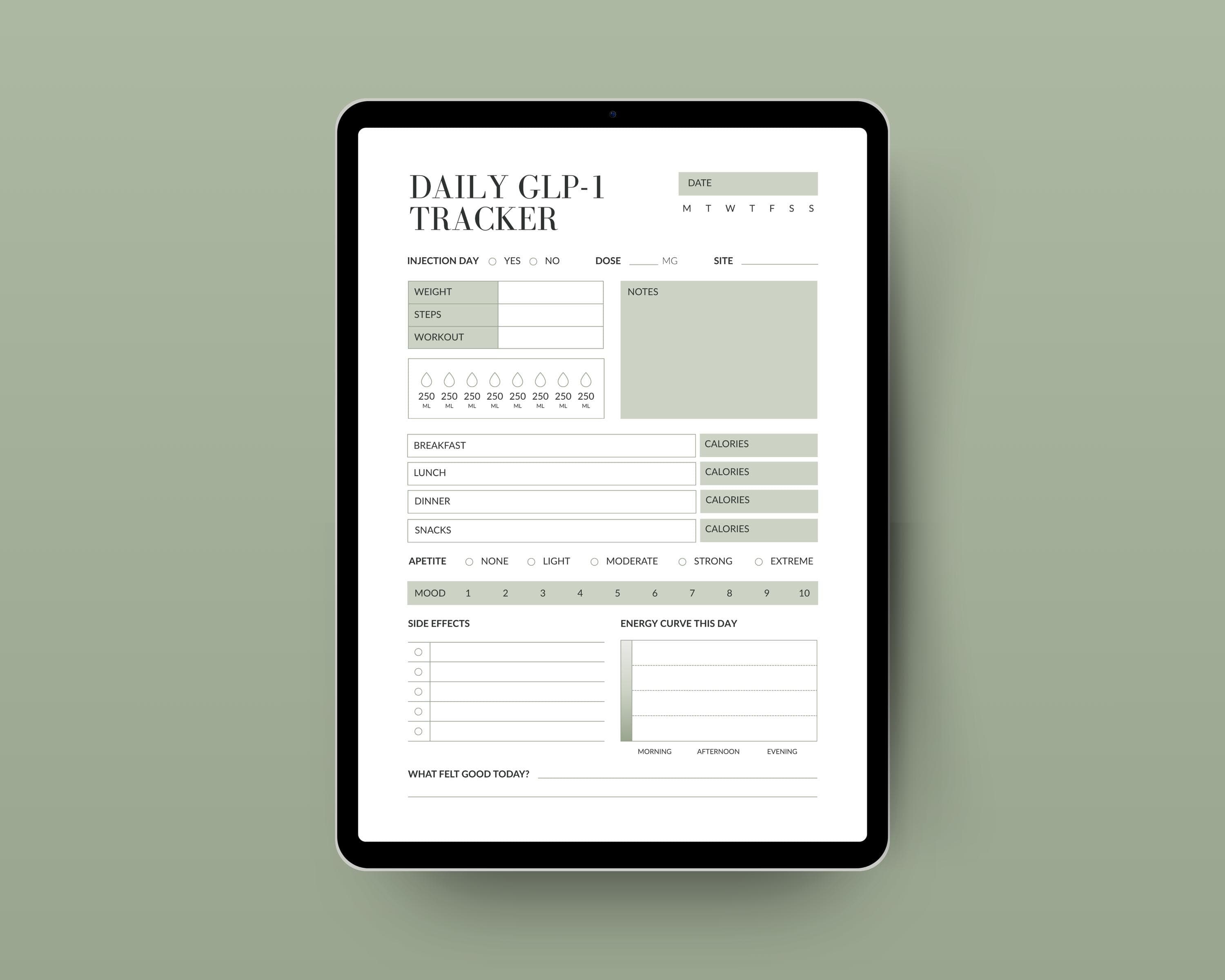Appetite & Energy Tracker Printable | GLP-1 Daily Log with Mood + Side Effects | Weight Loss Health Tracker PDF