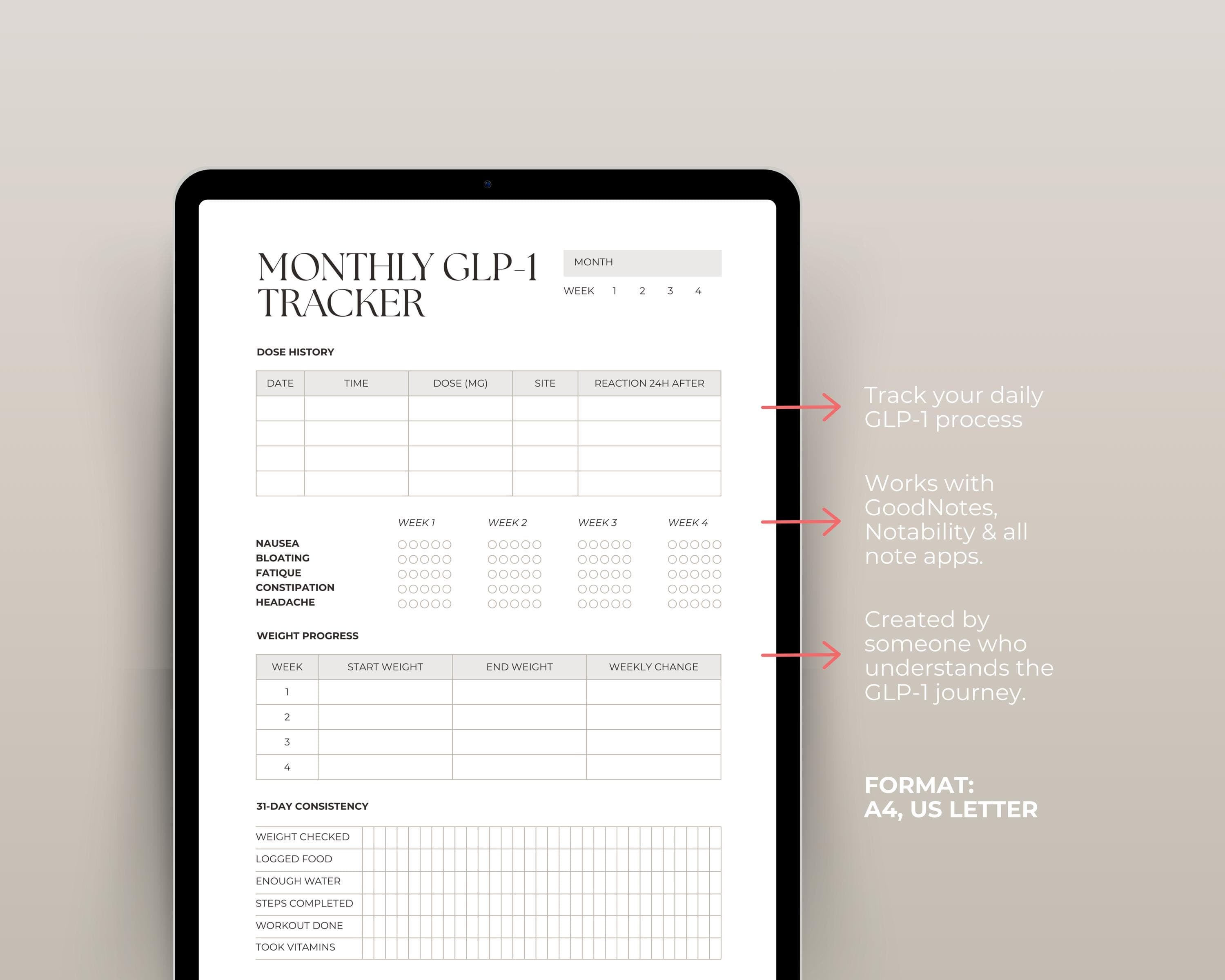 GLP-1 Patient Handout Printable | Health Coach Wellness Tracker | Weekly Check-In Sheet for Clinics & Programs PDF