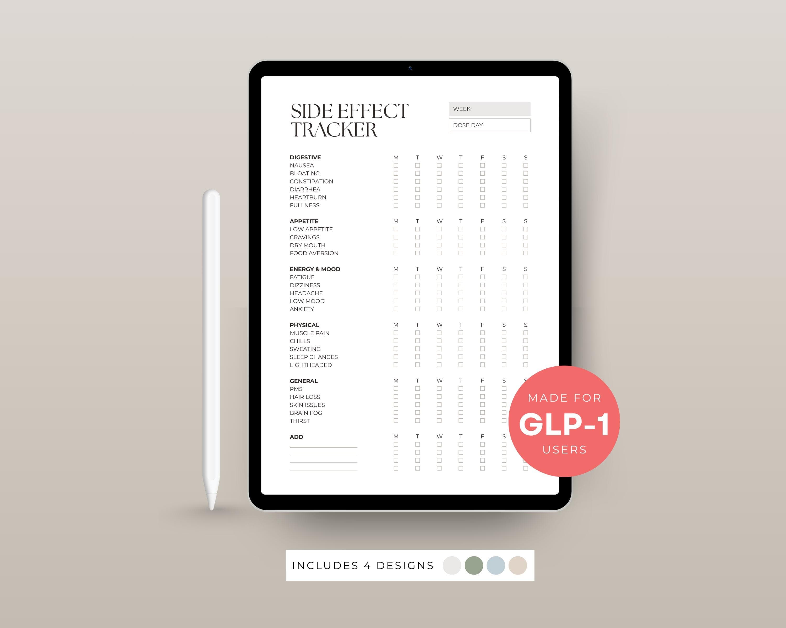 Medication Side Effect Log Printable | GLP-1 Nausea & Symptom Tracker | Dose Day Weekly Symptom Sheet PDF Download