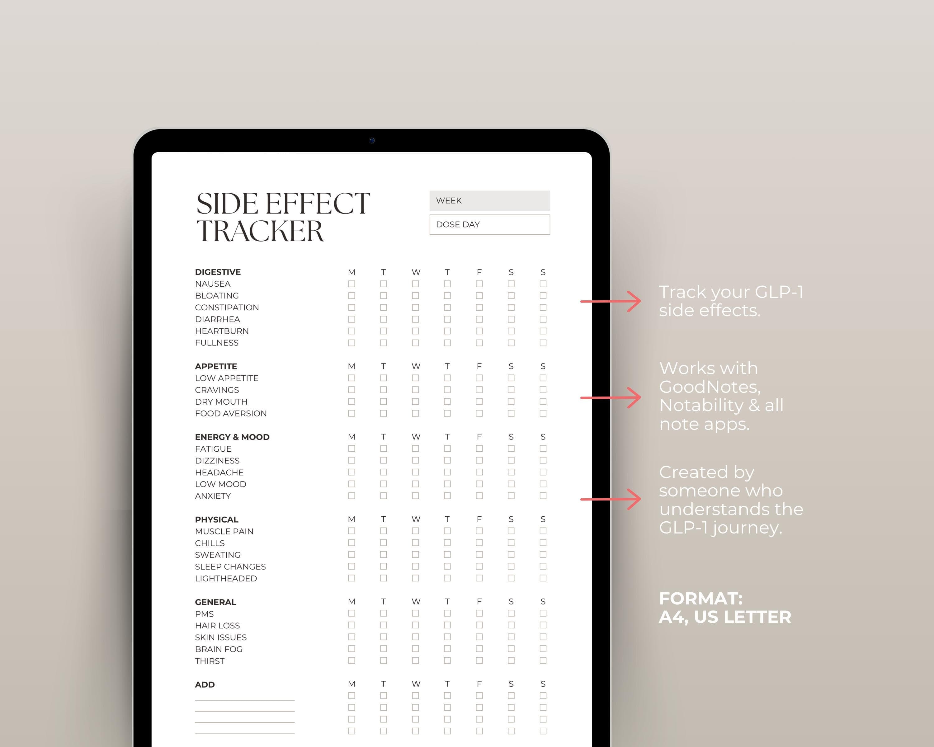 Medication Side Effect Log Printable | GLP-1 Nausea & Symptom Tracker | Dose Day Weekly Symptom Sheet PDF Download