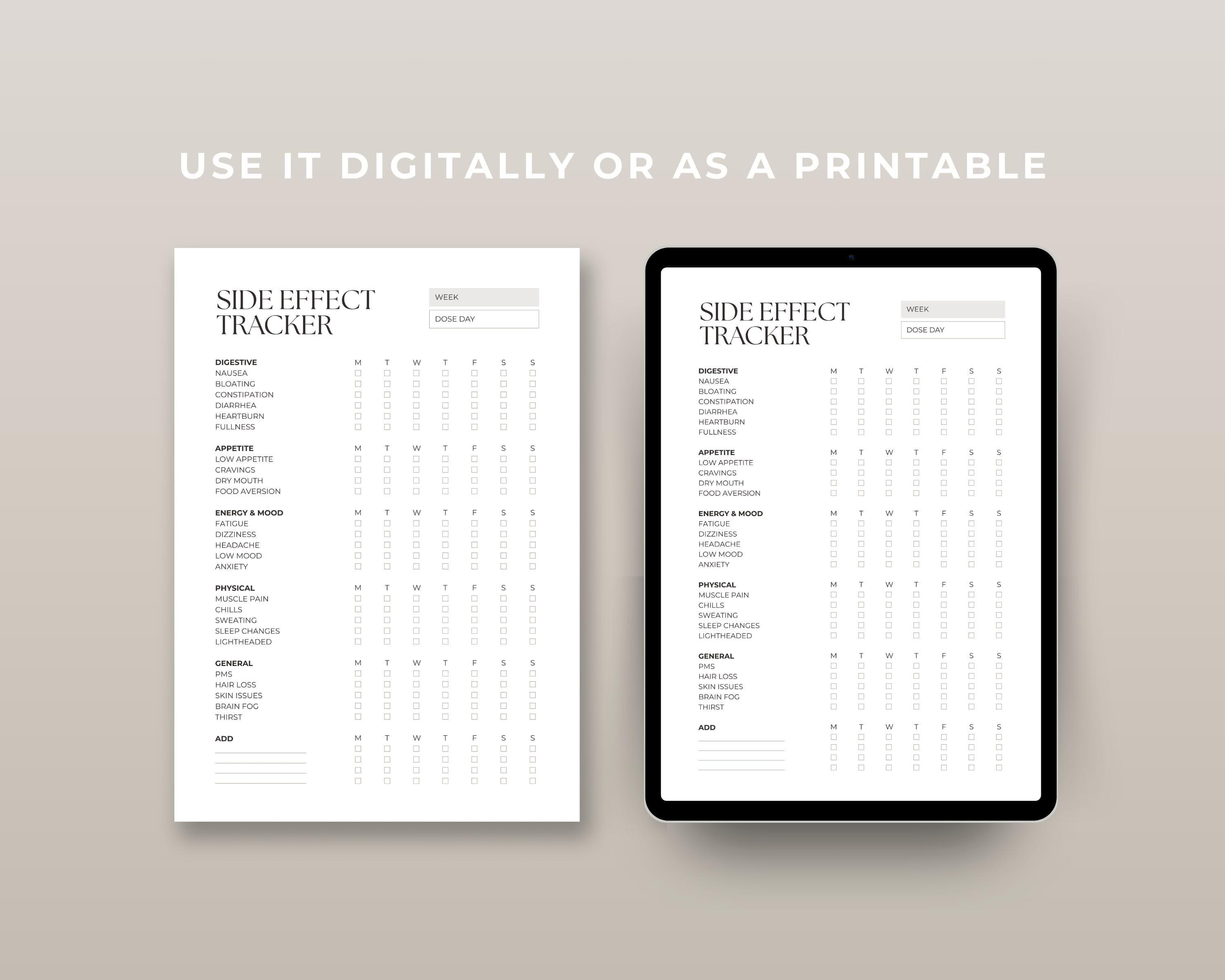 Medication Side Effect Log Printable | GLP-1 Nausea & Symptom Tracker | Dose Day Weekly Symptom Sheet PDF Download