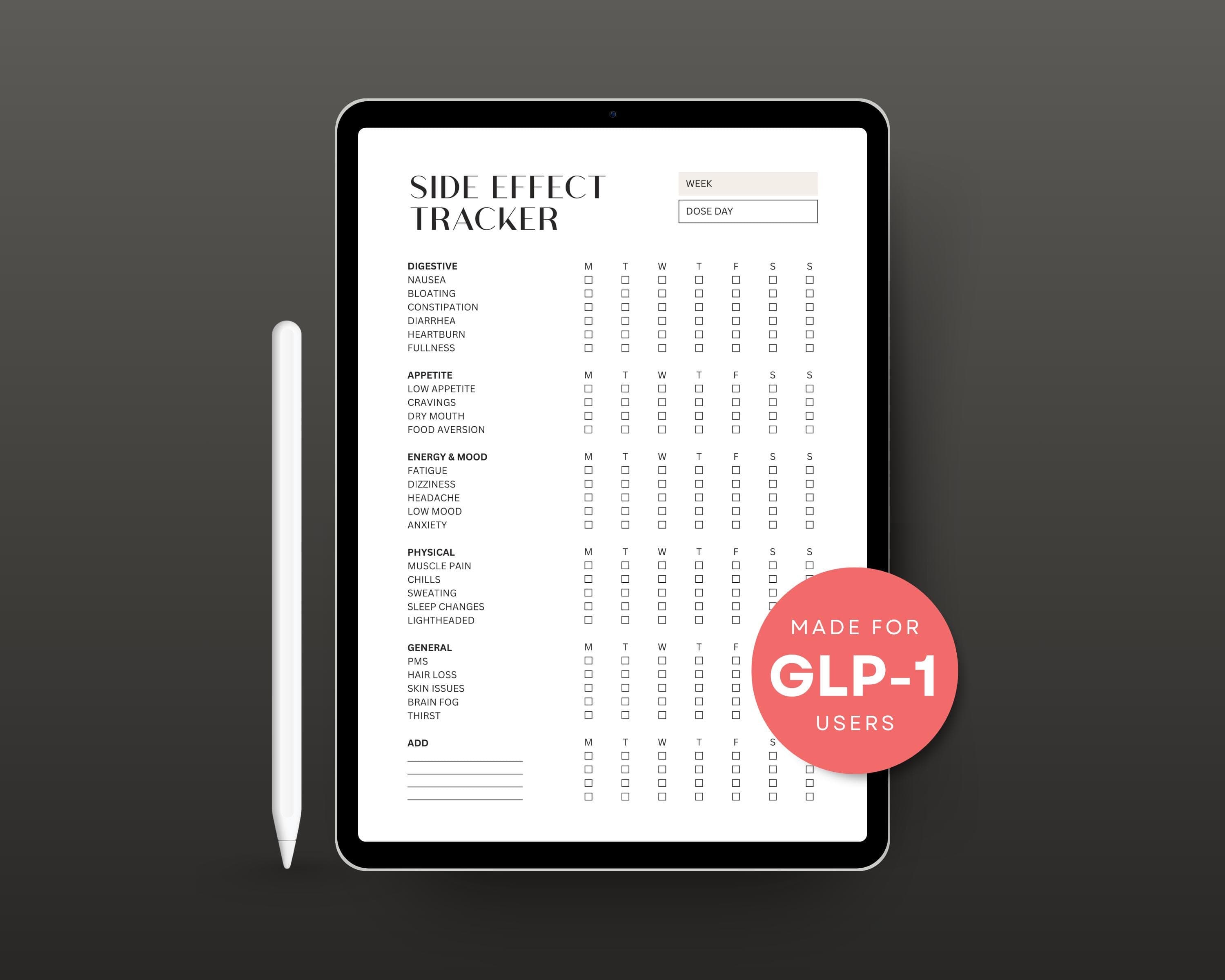 Medication Side Effect Log Printable | GLP-1 Nausea & Symptom Tracker | Dose Day Weekly Symptom Sheet PDF Download