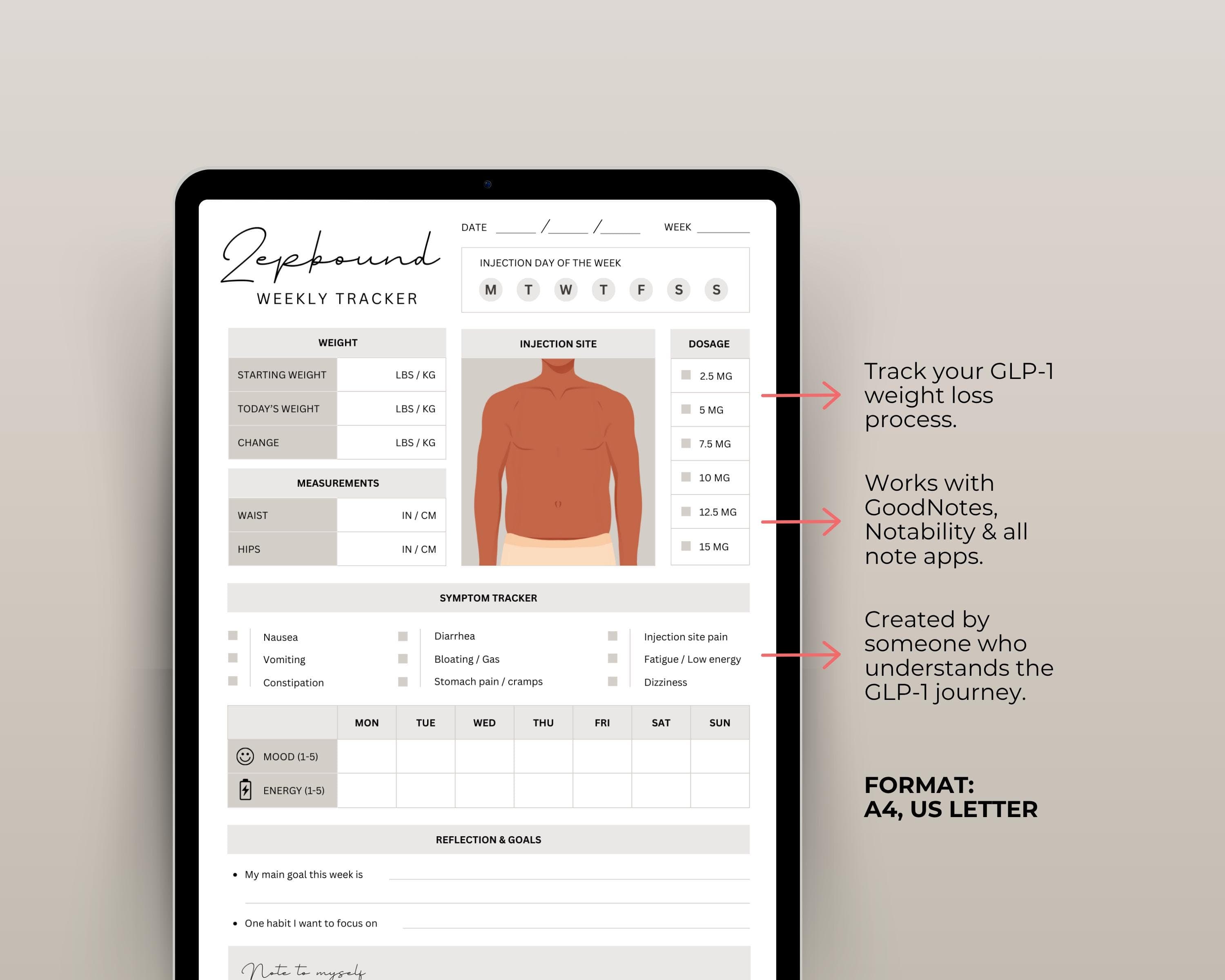 Weight Loss Injection Tracker Printable | Weekly GLP-1 Shot, Dose & Symptom Log | Semaglutide Tirzepatide Tracker PDF