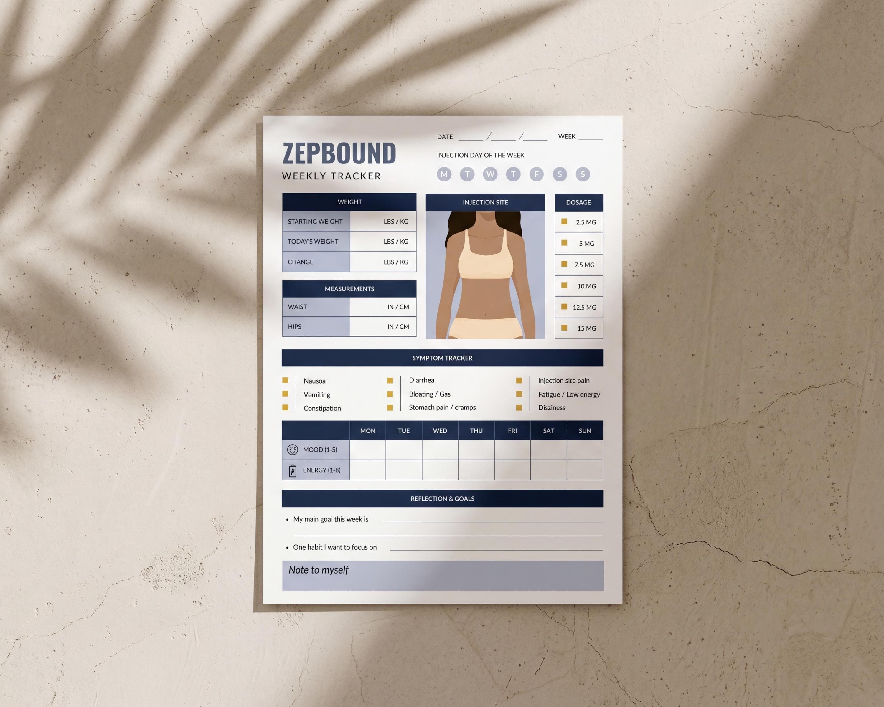 GLP-1 Shot Tracker Printable | Weekly Injection Site & Dose Log | All-in-One Weight Loss Tracker PDF Download