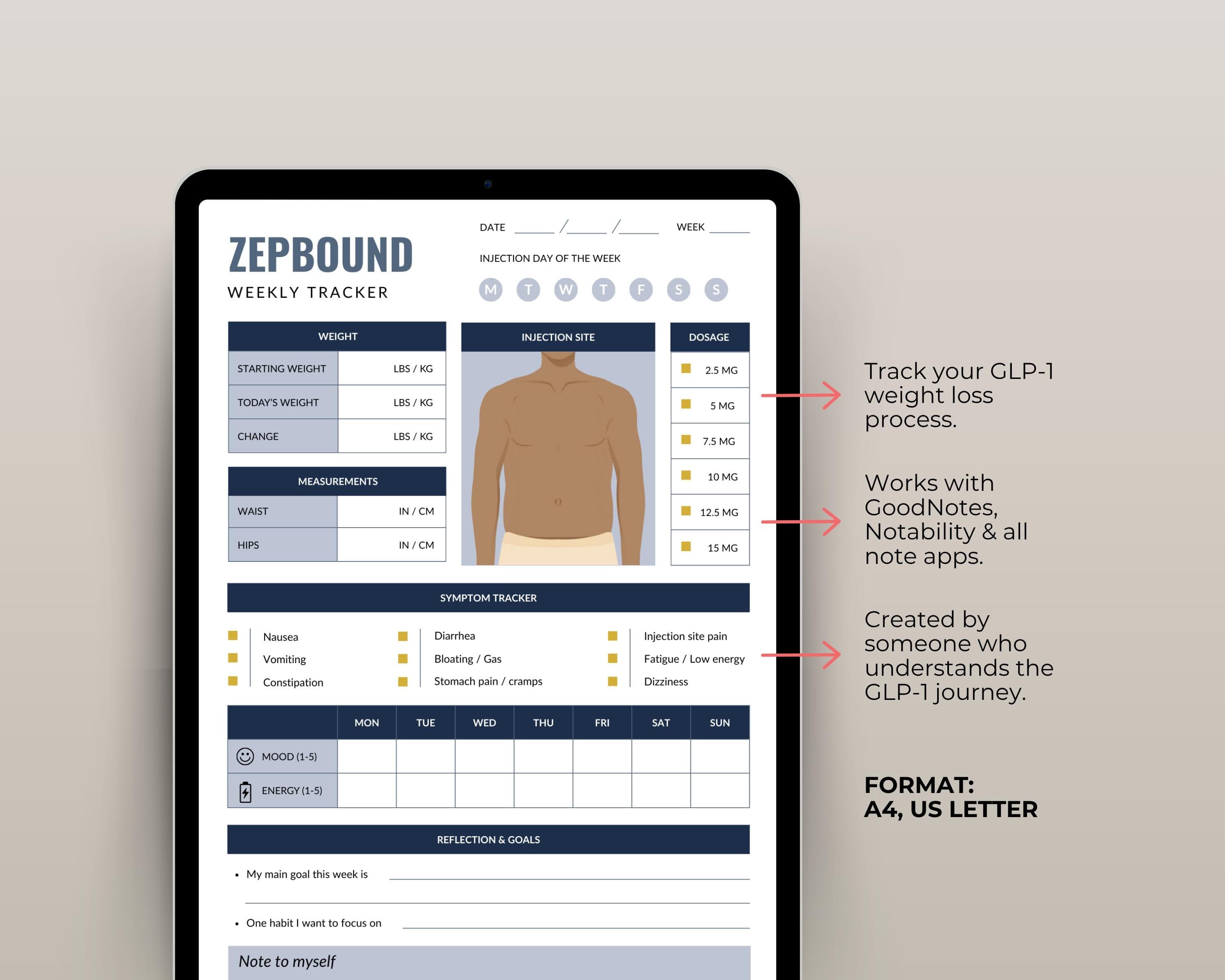 GLP-1 Shot Tracker Printable | Weekly Injection Site & Dose Log | All-in-One Weight Loss Tracker PDF Download