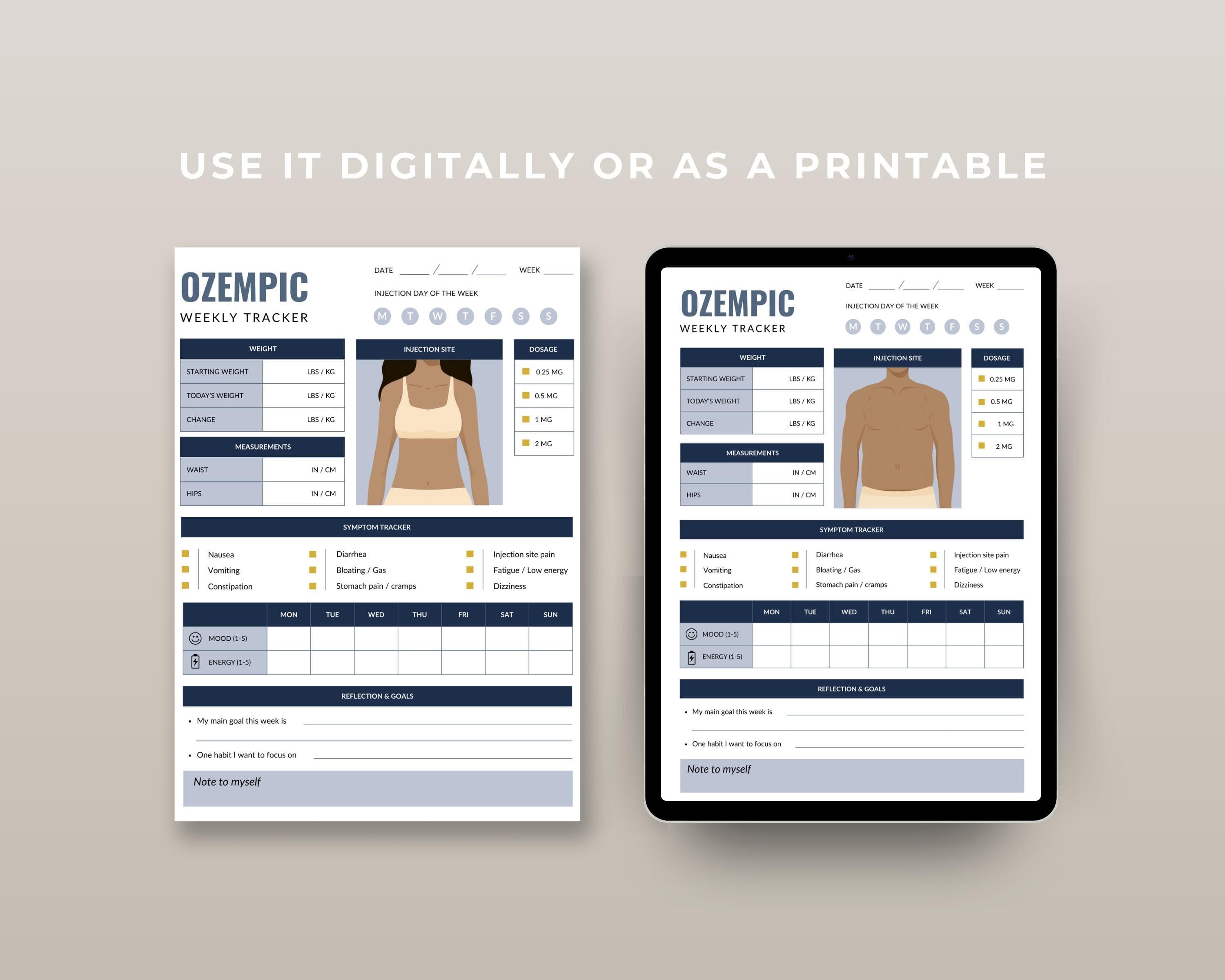 GLP-1 Shot Tracker Printable | Weekly Injection Site & Dose Log | All-in-One Weight Loss Tracker PDF Download