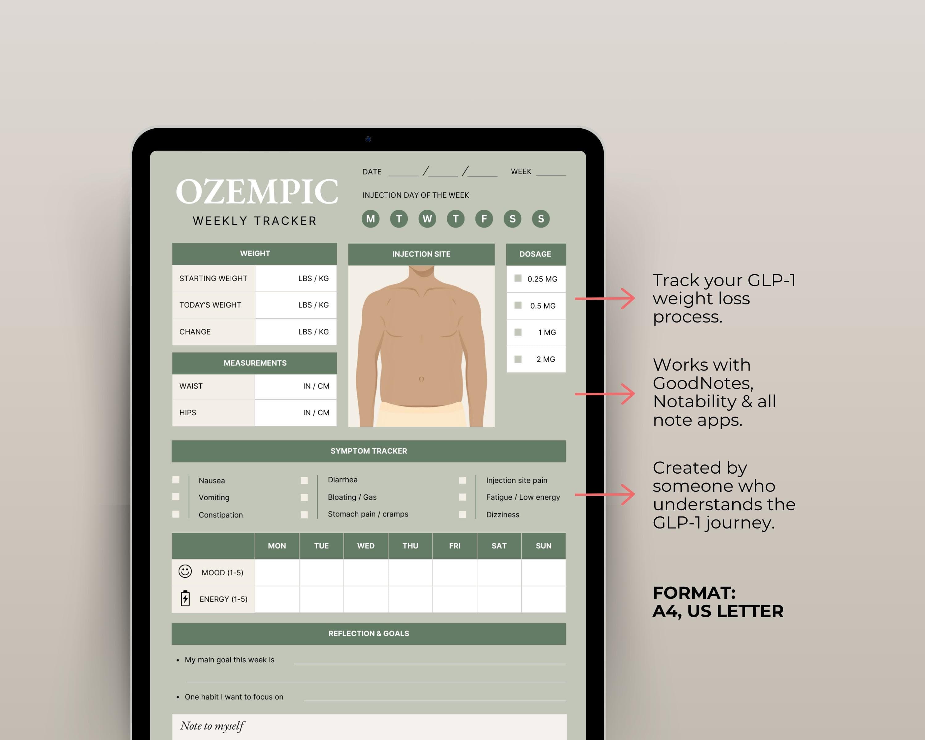 GLP-1 Dose Tracker Printable | Weekly Injection & Dosage Log with Site Rotation | Weight Loss Medication Tracker PDF