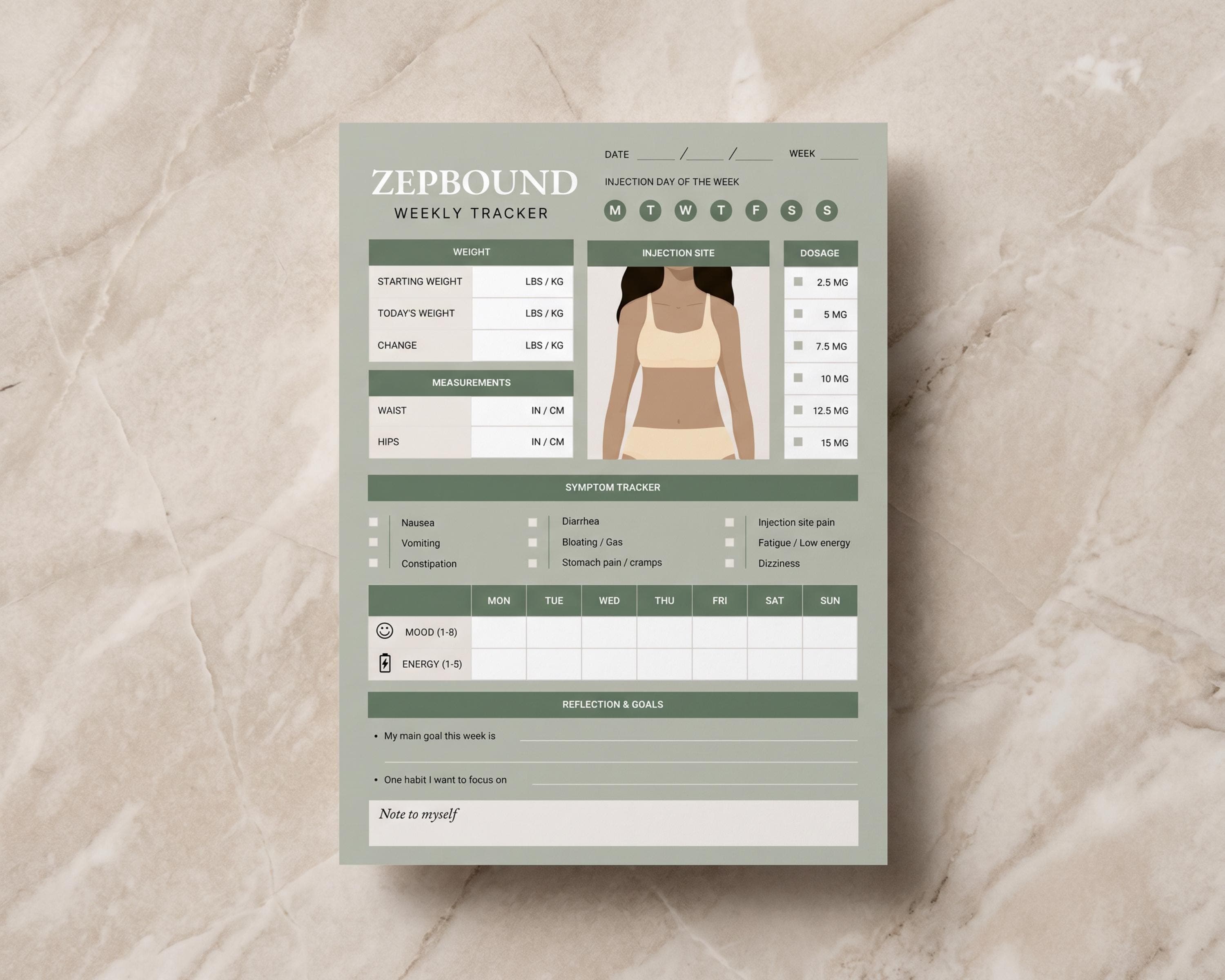GLP-1 Dose Tracker Printable | Weekly Injection & Dosage Log with Site Rotation | Weight Loss Medication Tracker PDF