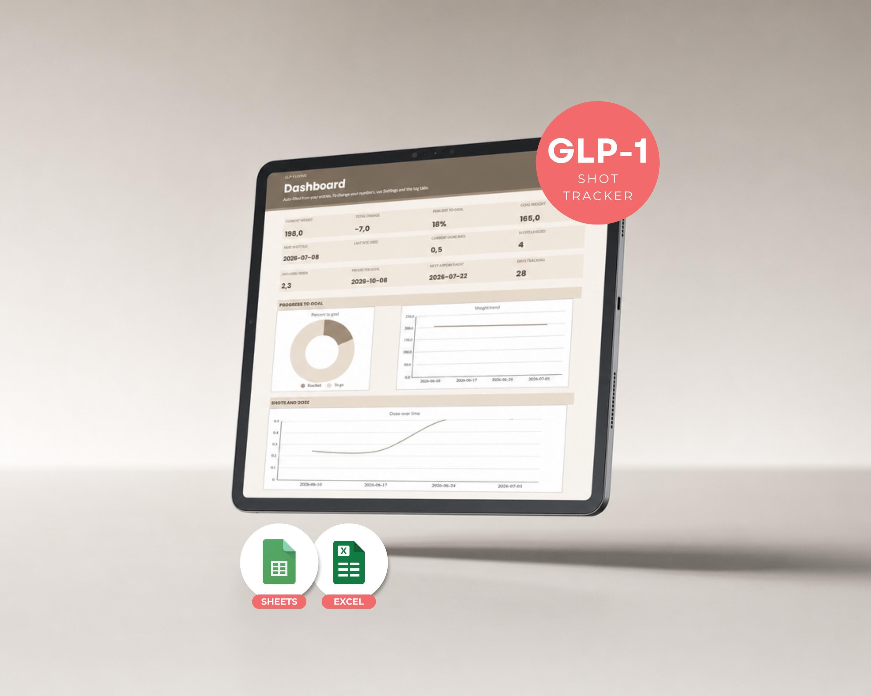GLP-1 Shot Tracker Google Sheets — Injection, Weight & Side Effect Log (Excel Compatible)