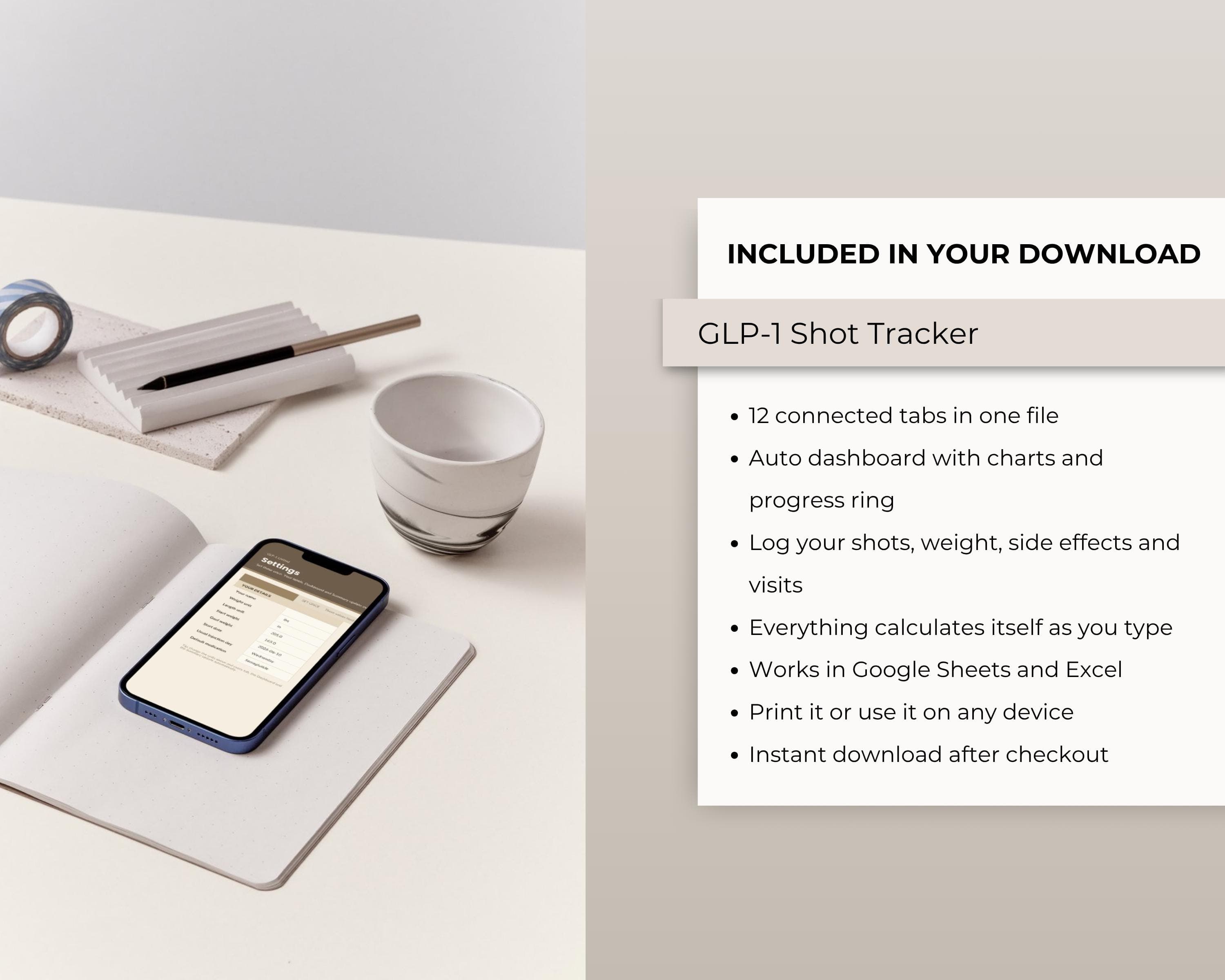 GLP-1 Shot Tracker Google Sheets — Injection, Weight & Side Effect Log (Excel Compatible)