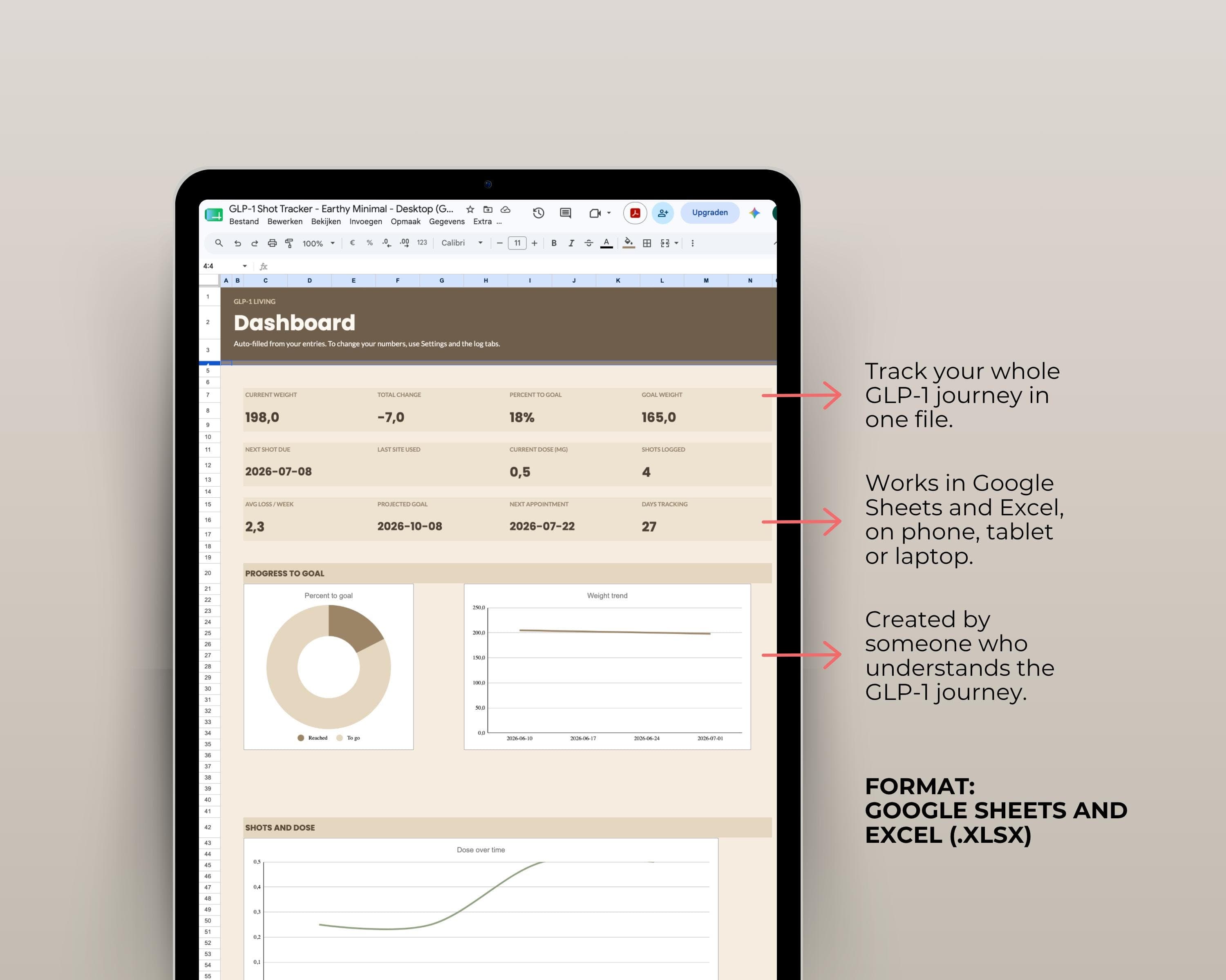 GLP-1 Shot Tracker Google Sheets — Injection, Weight & Side Effect Log (Excel Compatible)